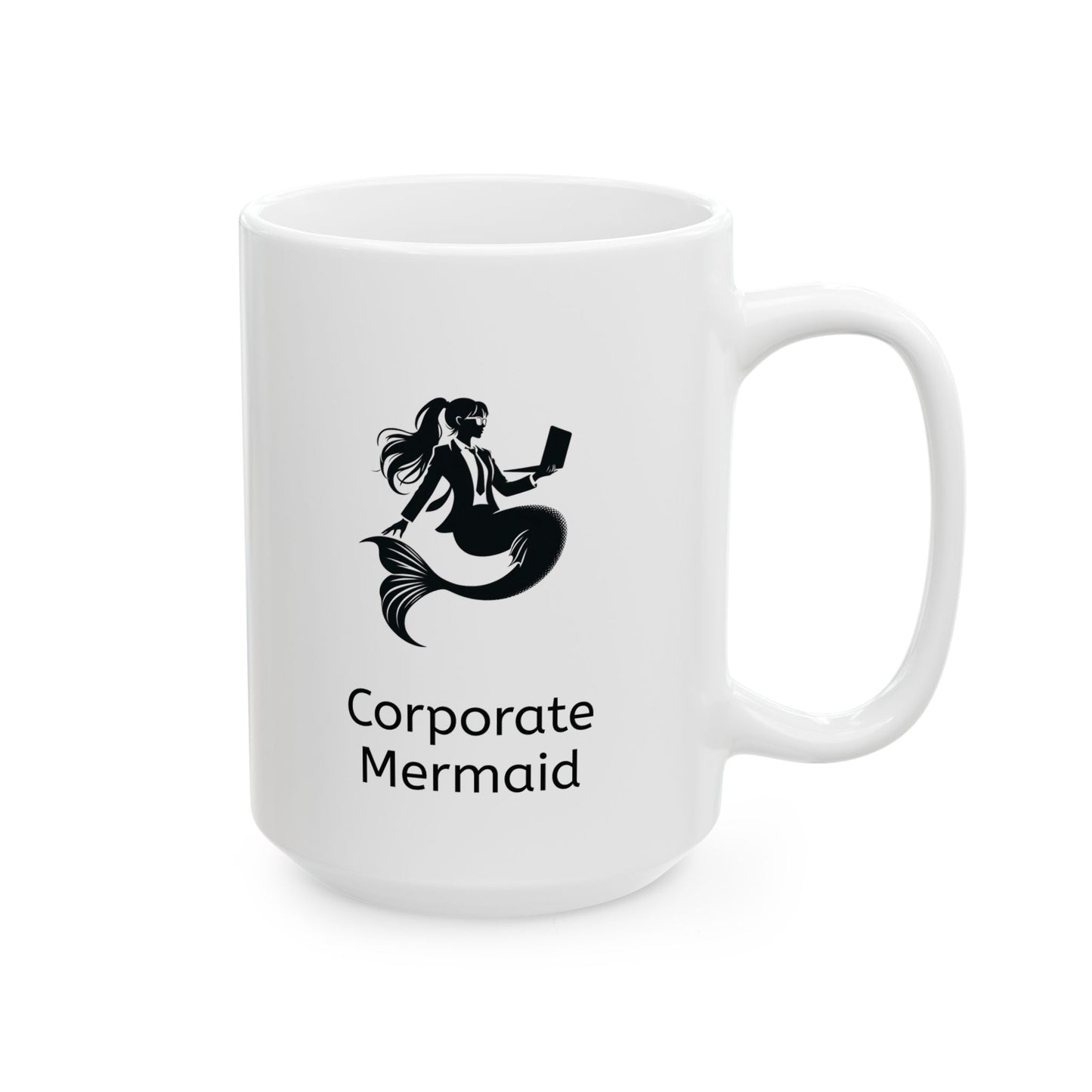 White ceramic corporate jargon office humor coffee mug with a black and white mermaid wearing glasses and a suit, holding a laptop and hair in a ponytail (side 1) and on side 2,  a boat riding on top of a computer mouse with the words "Let's double click on that" - back