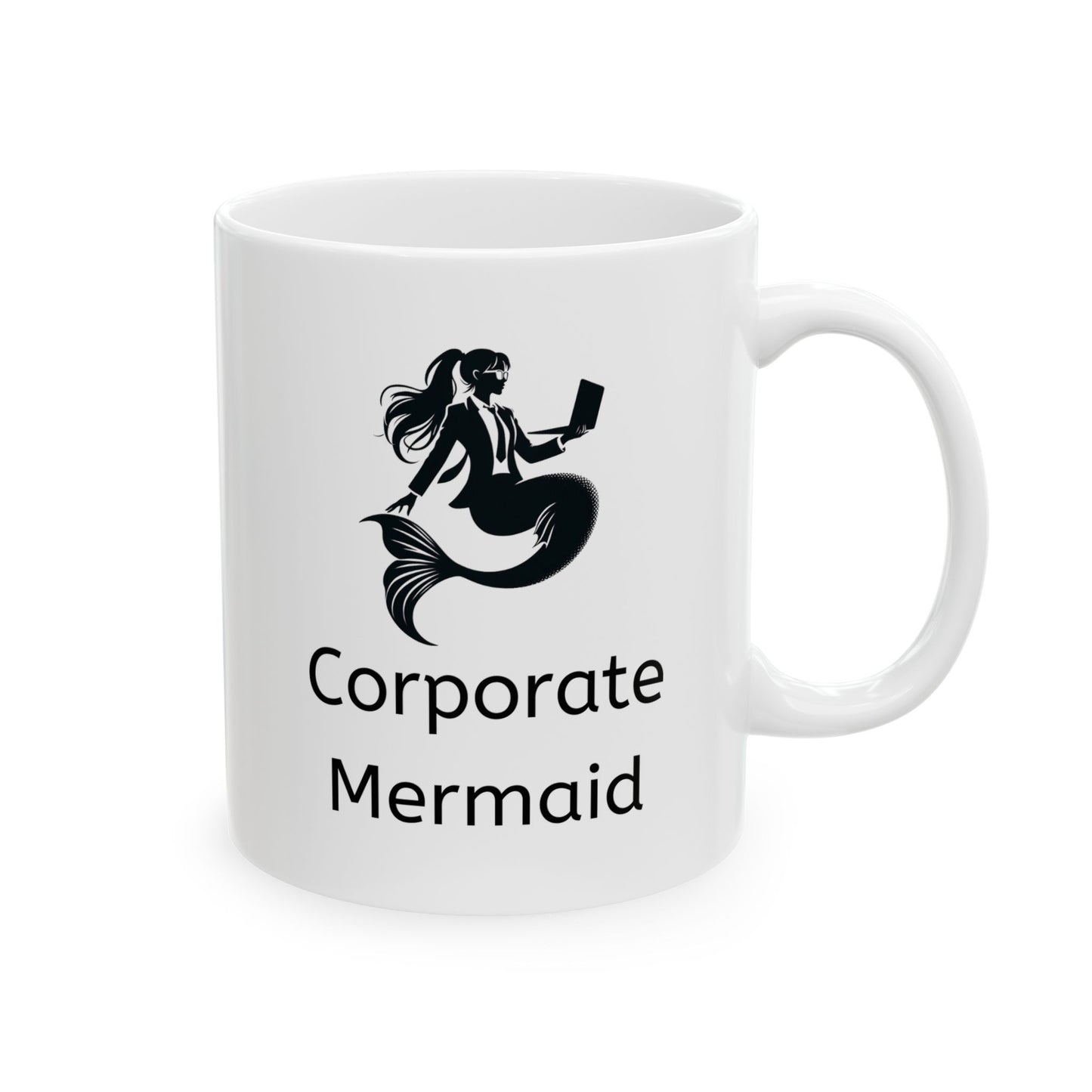 White ceramic coffee mug with corporate mermaid, which is black and white design of mermaid wearing a suit, glasses, hair in ponytail and holding an open laptop