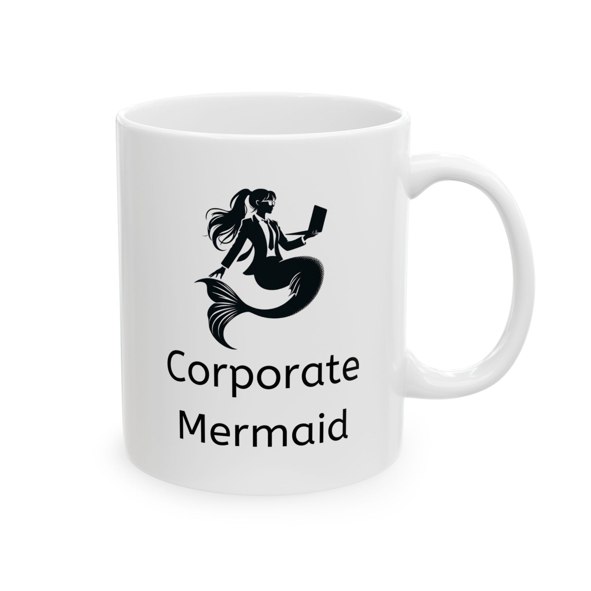 White ceramic coffee mug with corporate mermaid, which is black and white design of mermaid wearing a suit, glasses, hair in ponytail and holding an open laptop