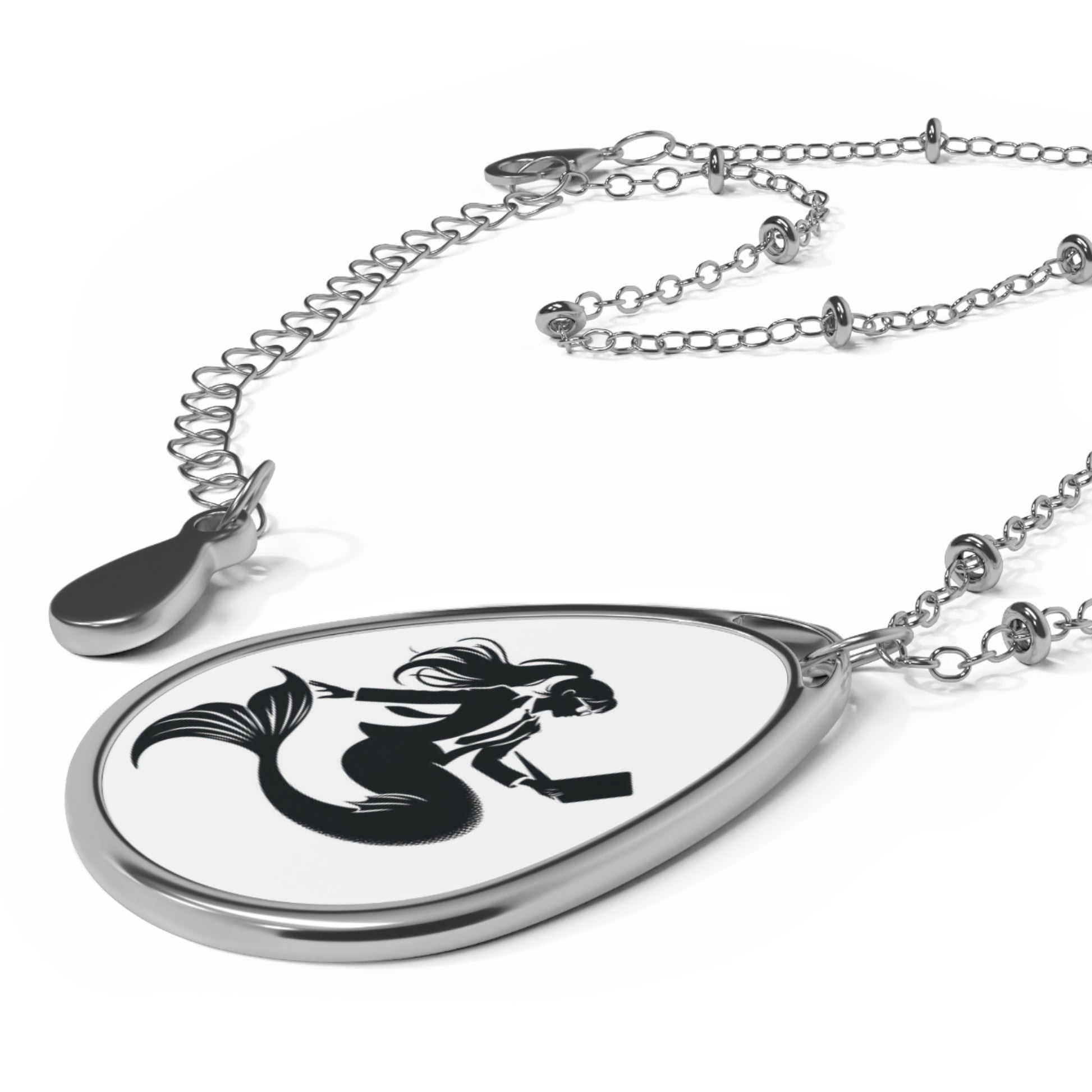 Zinc alloy necklace chain and pendant with a corporate mermaid logo in black and white