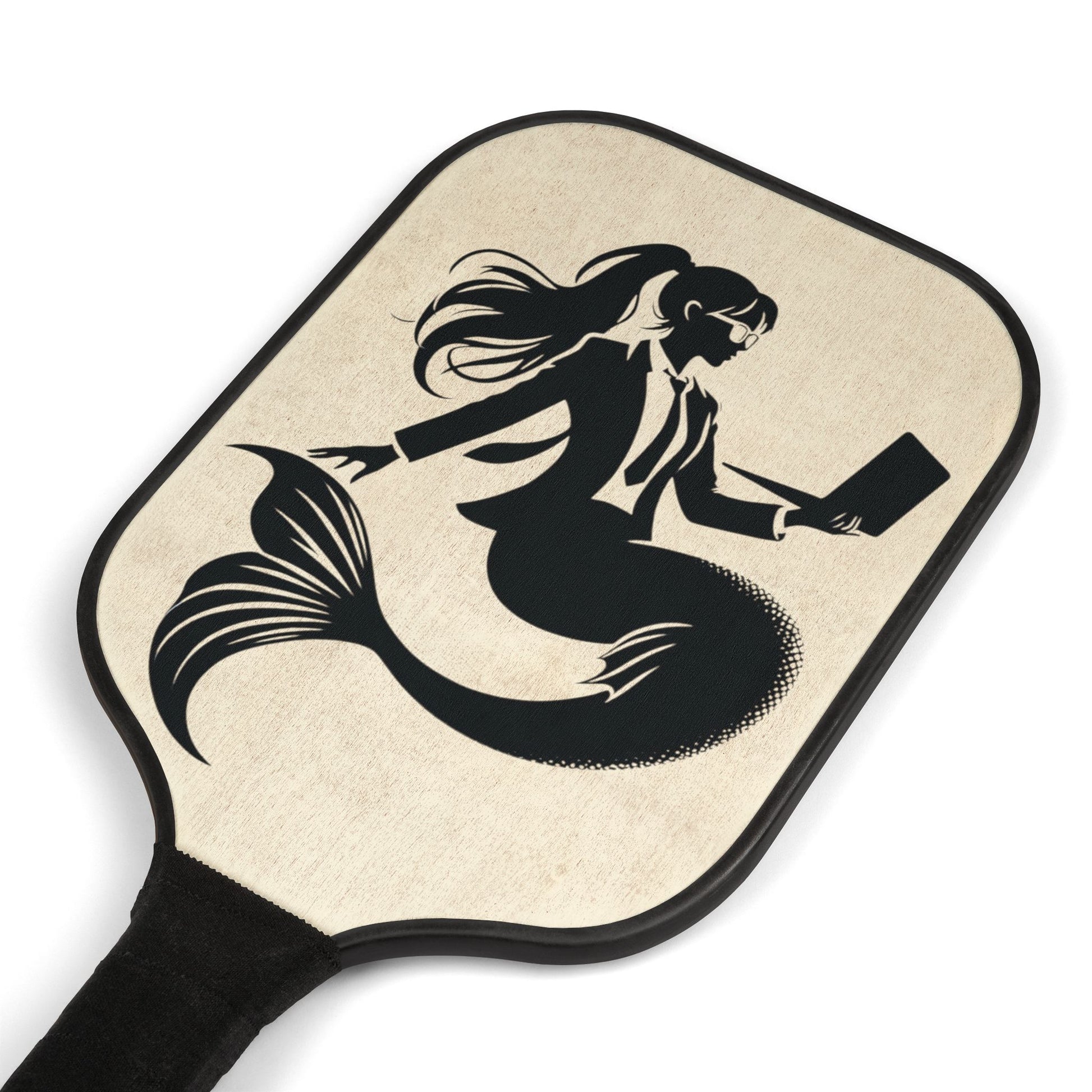 Natural wood pickle ball paddle with a corporate mermaid design which is black and white mermaid design with a mermaid wearing a suit, wearing glasses and hair in ponytail holding an open laptop