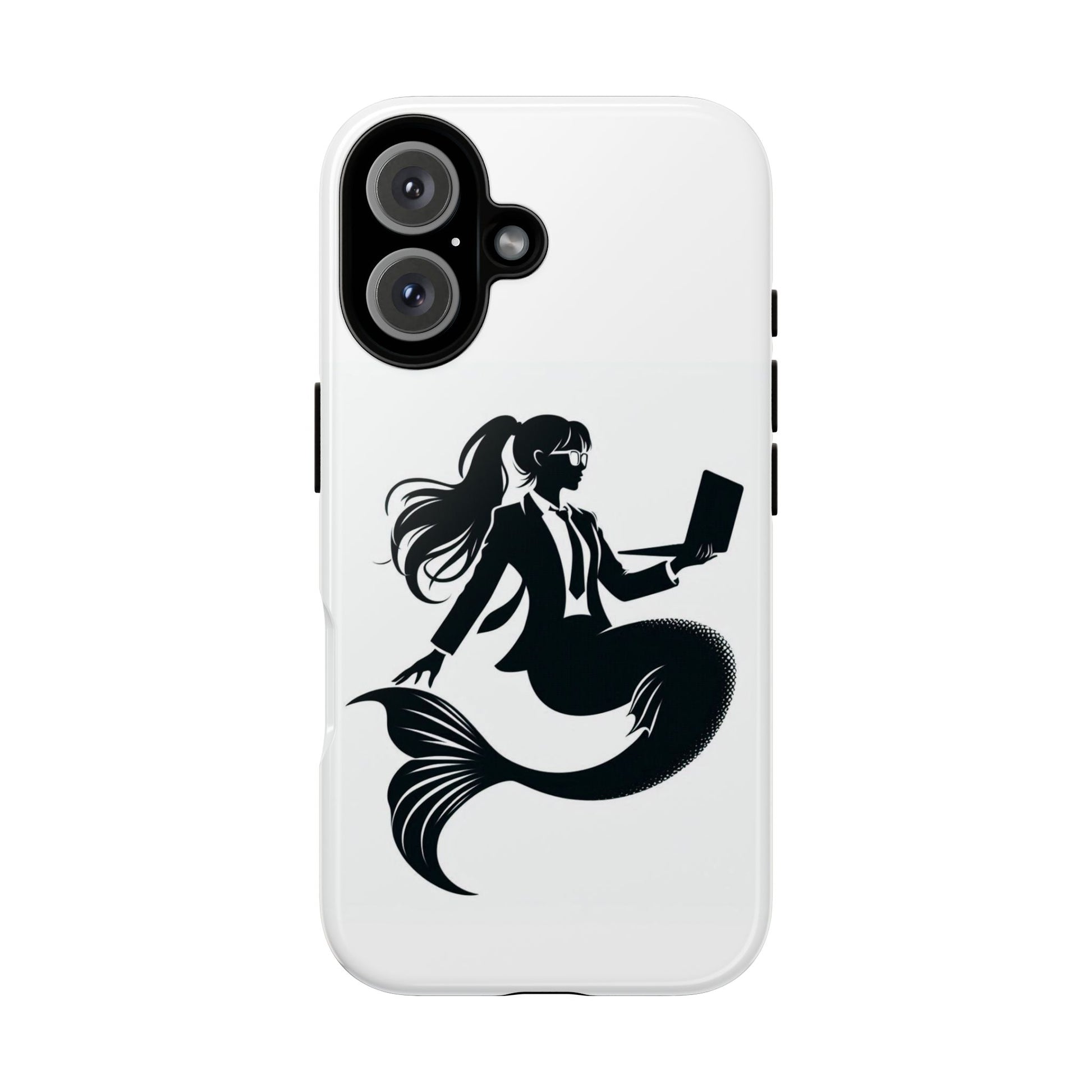 White iPhone Case with corporate mermaid logo which is a black and white design of a mermaid with a suit and glasses, hair in a ponytail and holding an open laptop. 