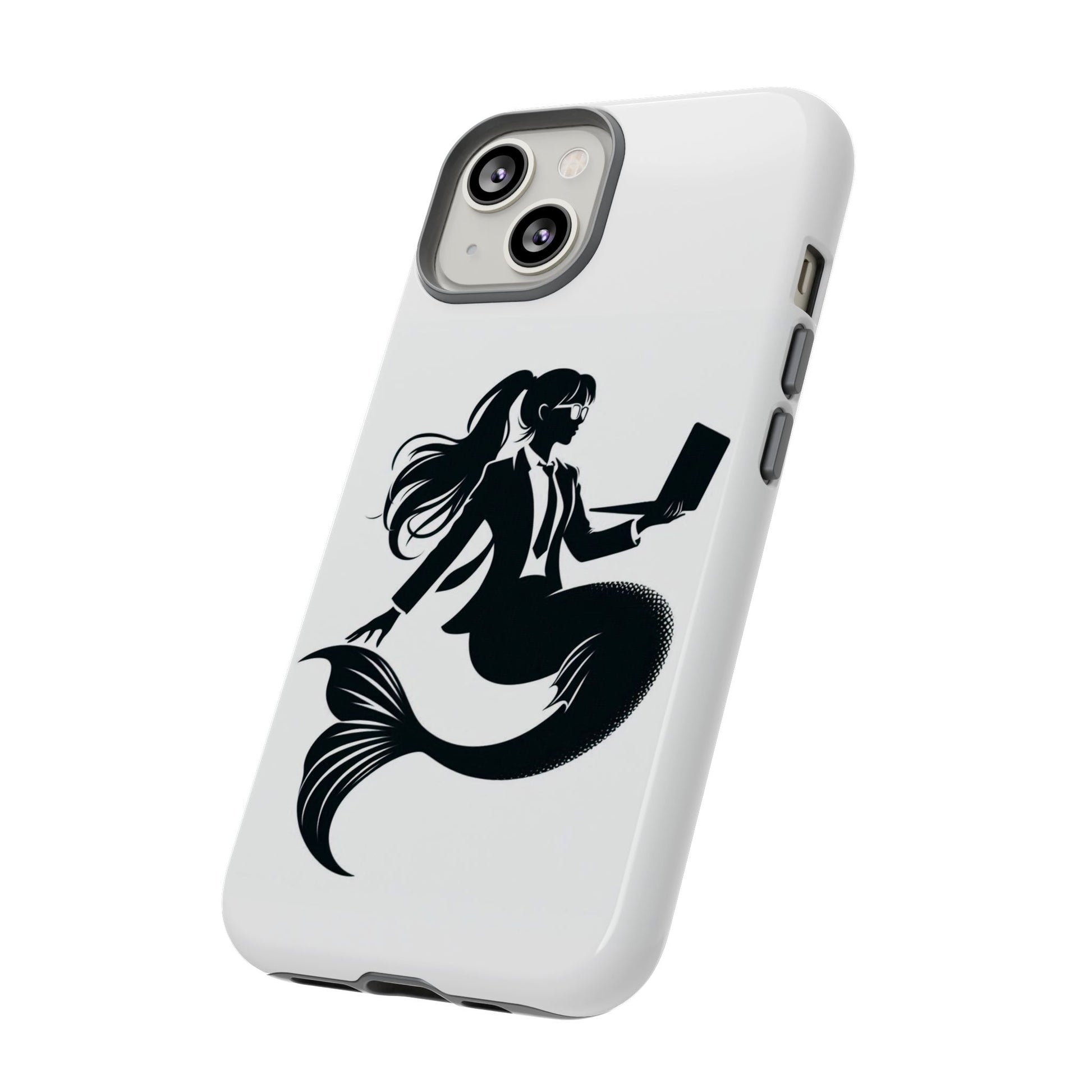 White iPhone Case with corporate mermaid logo which is a black and white design of a mermaid with a suit and glasses, hair in a ponytail and holding an open laptop. 