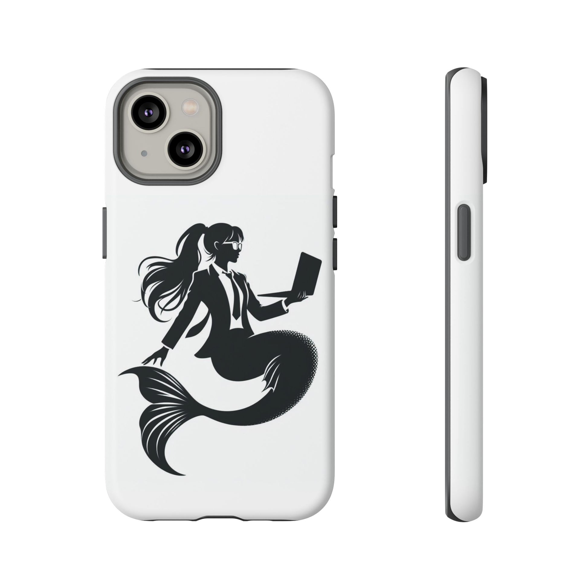 White iPhone Case with corporate mermaid logo which is a black and white design of a mermaid with a suit and glasses, hair in a ponytail and holding an open laptop. 