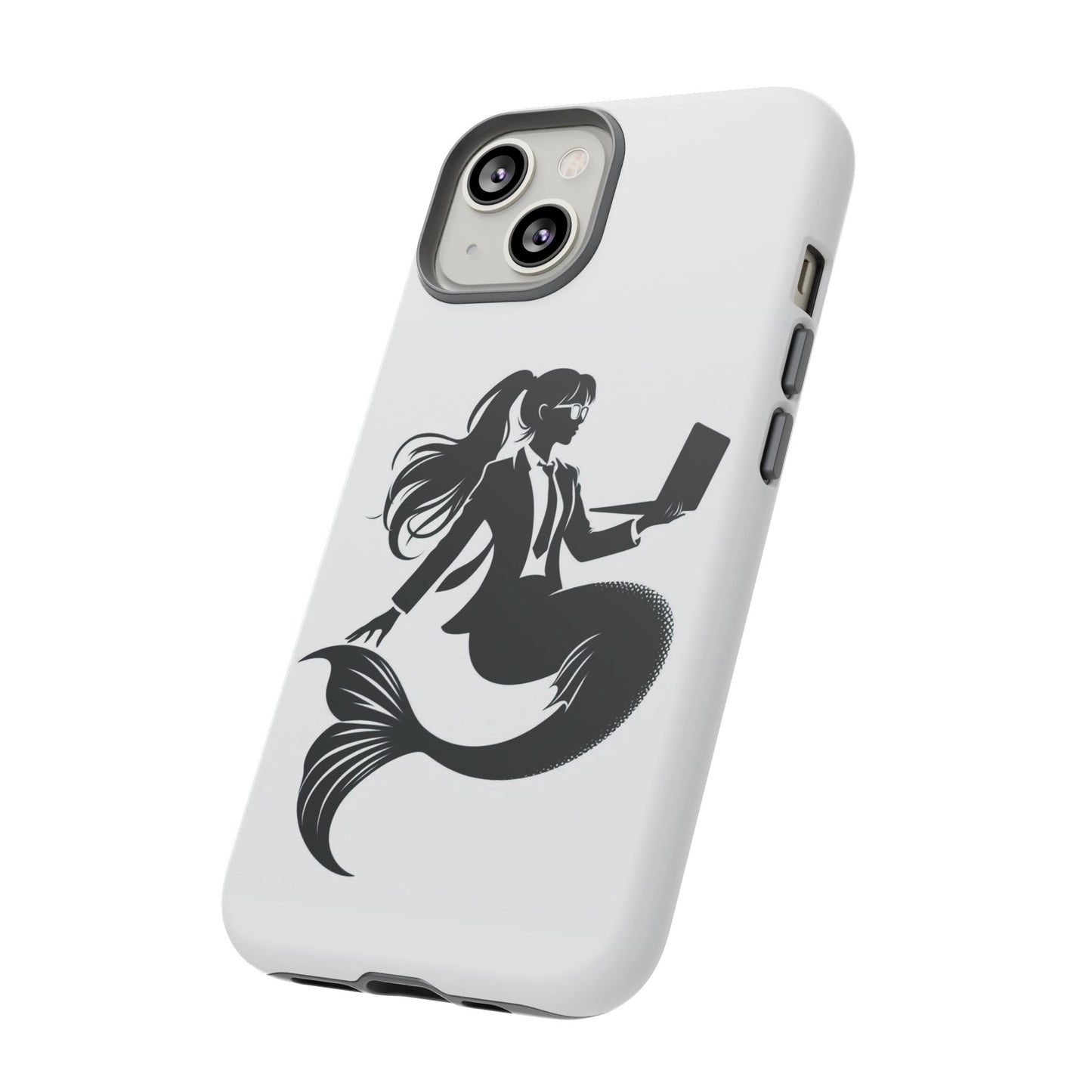 White iPhone Case with corporate mermaid logo which is a black and white design of a mermaid with a suit and glasses, hair in a ponytail and holding an open laptop. 