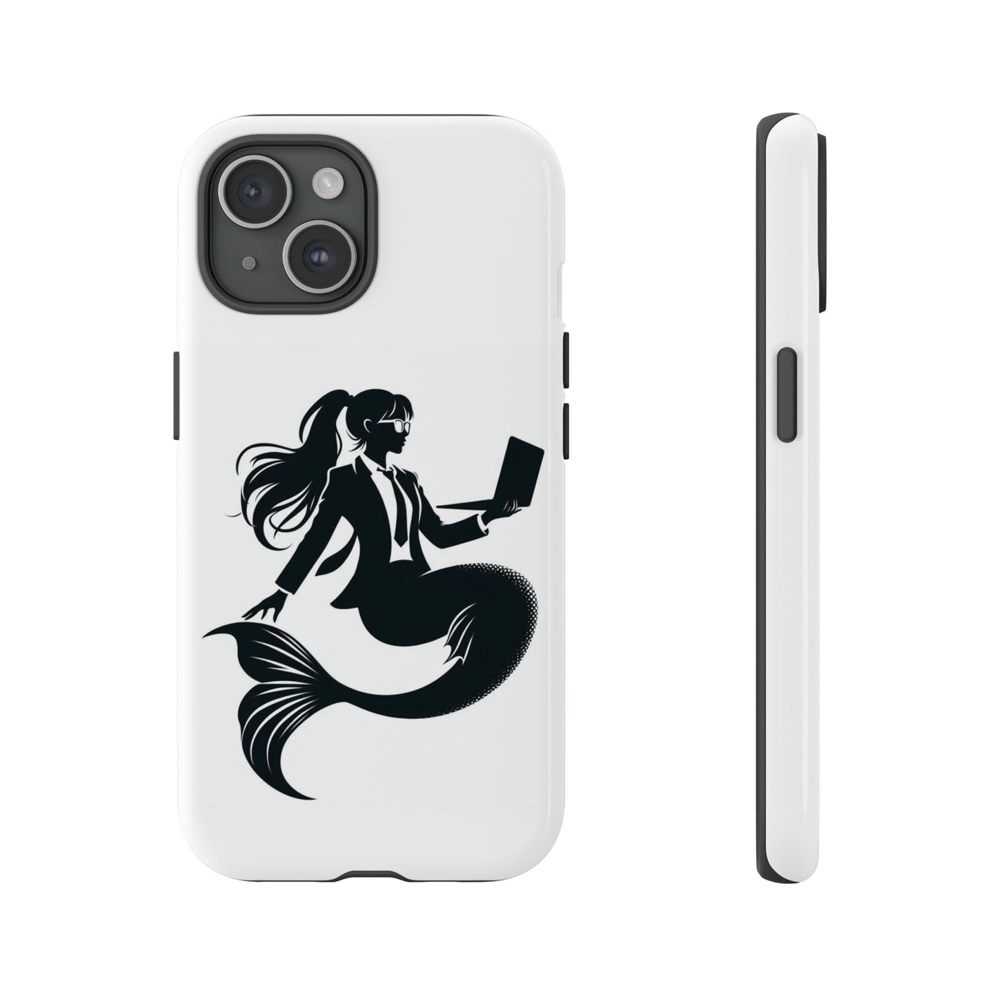 White iPhone Case with corporate mermaid logo which is a black and white design of a mermaid with a suit and glasses, hair in a ponytail and holding an open laptop. 