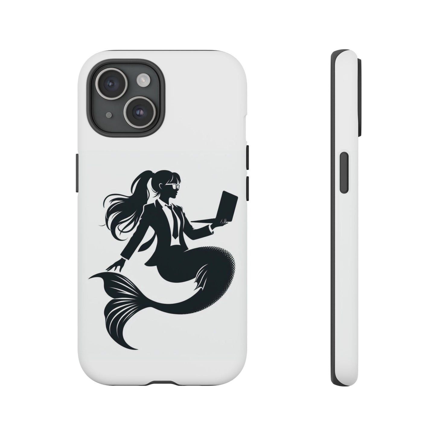 White iPhone Case with corporate mermaid logo which is a black and white design of a mermaid with a suit and glasses, hair in a ponytail and holding an open laptop. 