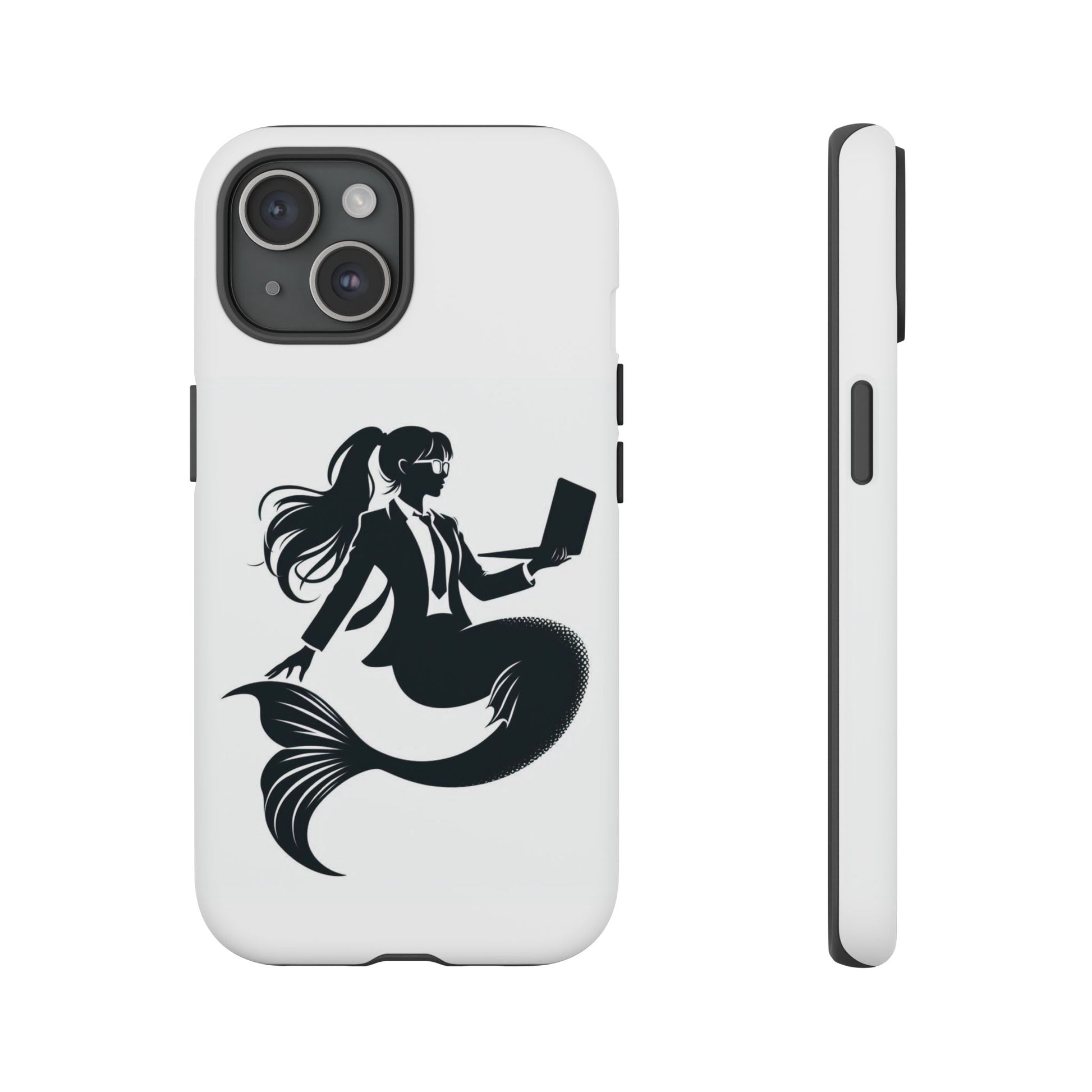 White iPhone Case with corporate mermaid logo which is a black and white design of a mermaid with a suit and glasses, hair in a ponytail and holding an open laptop. 