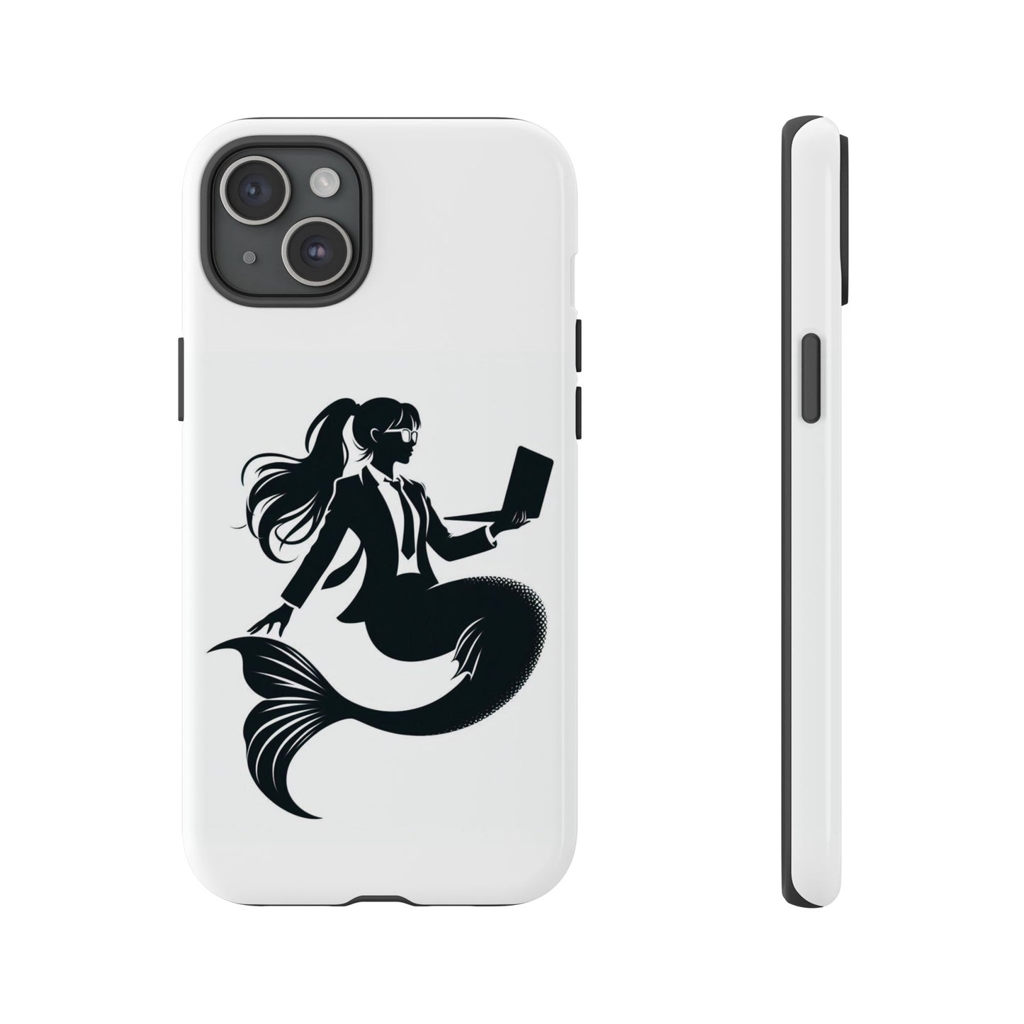 White iPhone Case with corporate mermaid logo which is a black and white design of a mermaid with a suit and glasses, hair in a ponytail and holding an open laptop. 