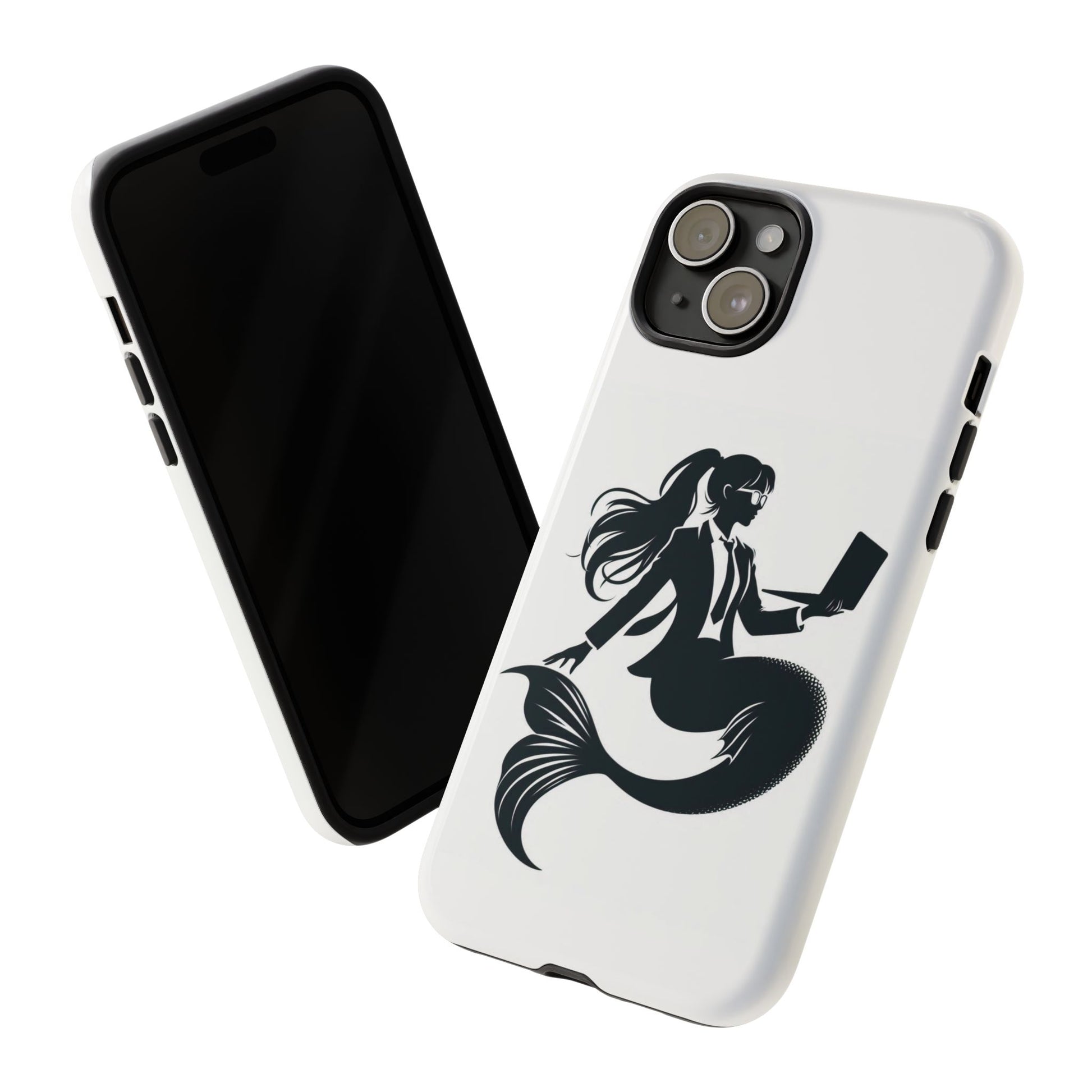 White iPhone Case with corporate mermaid logo which is a black and white design of a mermaid with a suit and glasses, hair in a ponytail and holding an open laptop. 