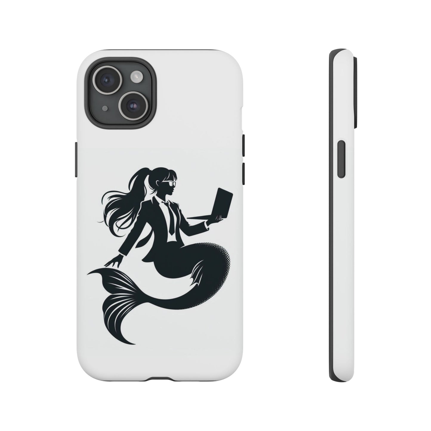 White iPhone Case with corporate mermaid logo which is a black and white design of a mermaid with a suit and glasses, hair in a ponytail and holding an open laptop. 