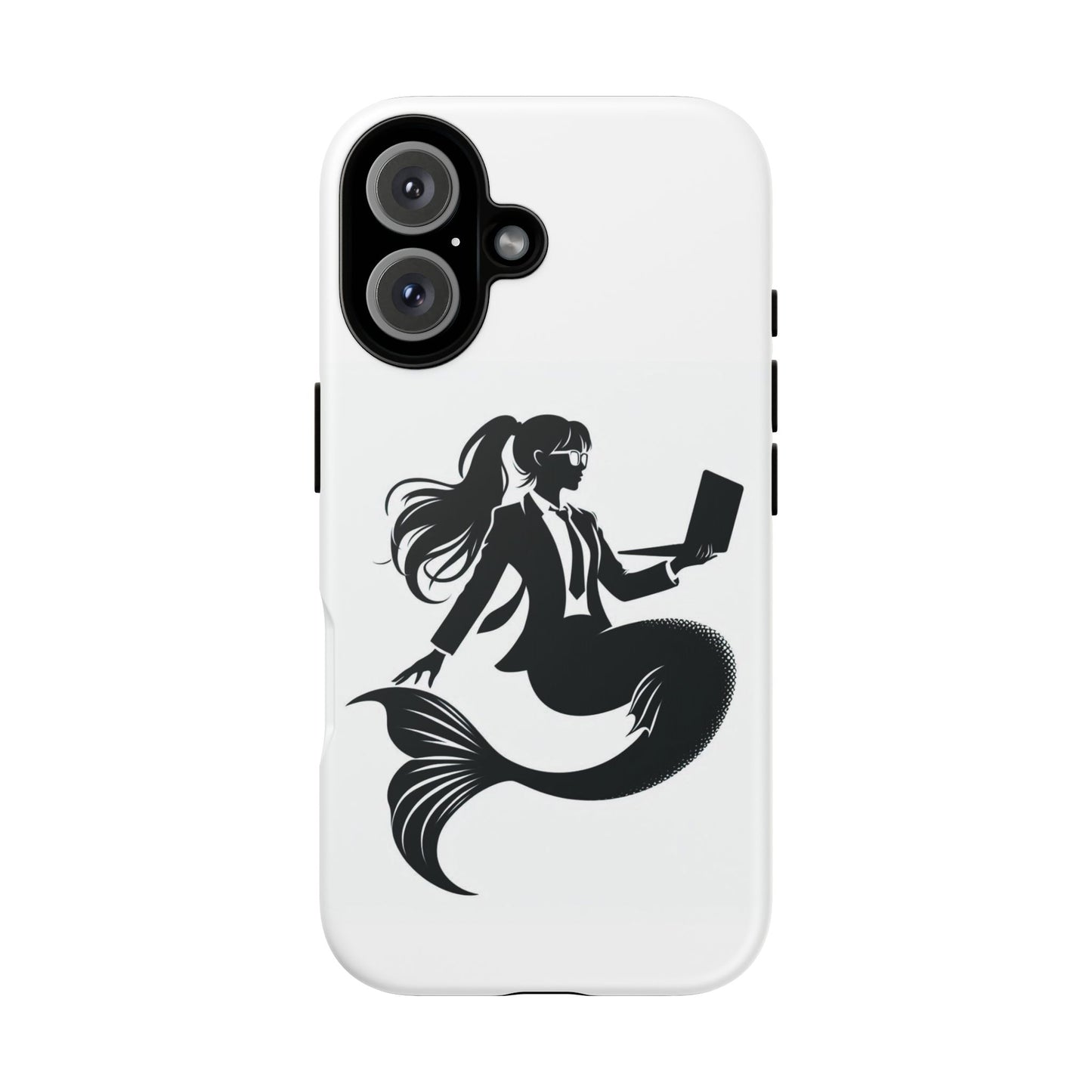 White iPhone Case with corporate mermaid logo which is a black and white design of a mermaid with a suit and glasses, hair in a ponytail and holding an open laptop. 