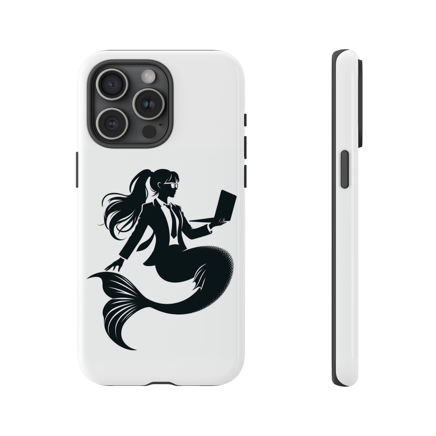 White iPhone Case with corporate mermaid logo which is a black and white design of a mermaid with a suit and glasses, hair in a ponytail and holding an open laptop. 