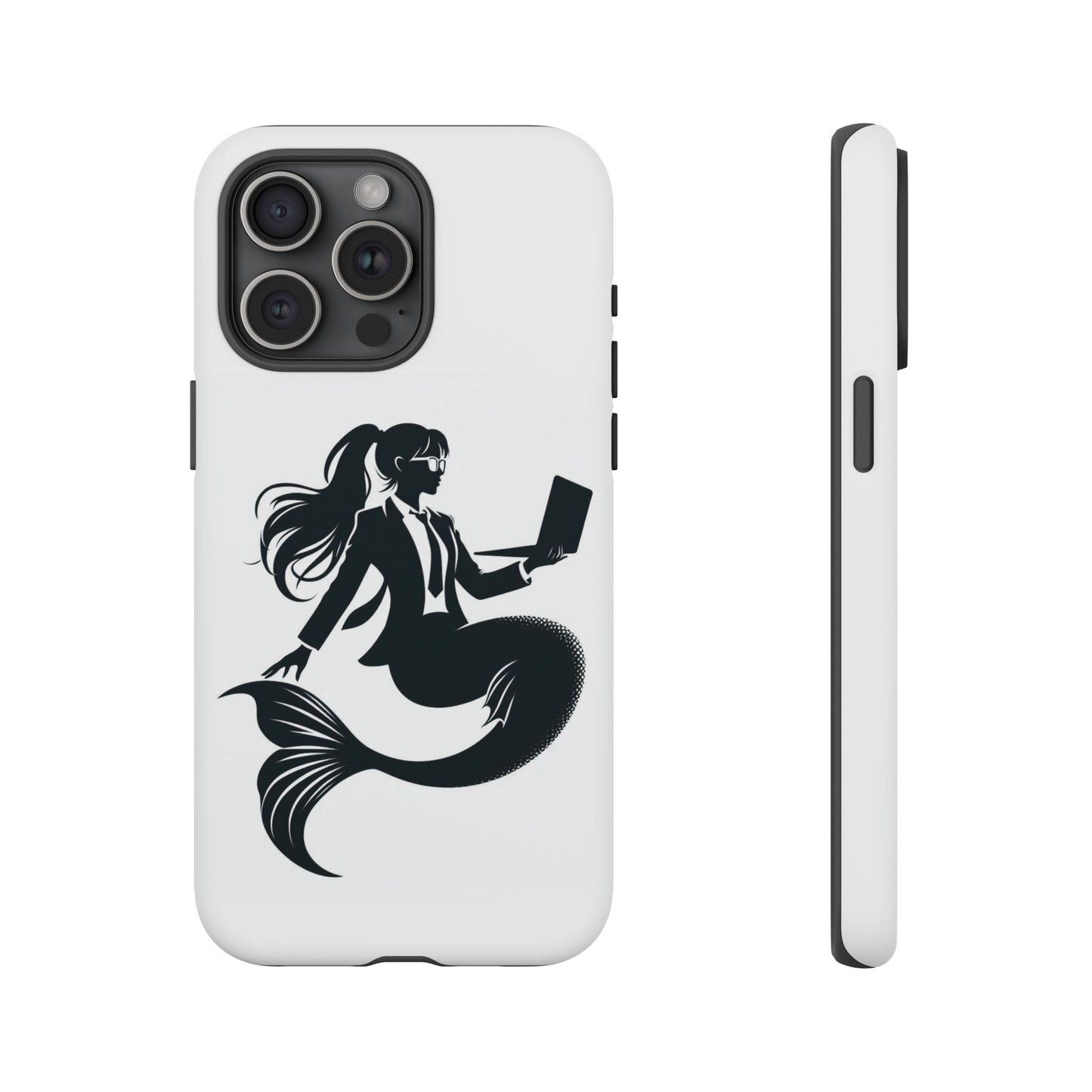 White iPhone Case with corporate mermaid logo which is a black and white design of a mermaid with a suit and glasses, hair in a ponytail and holding an open laptop. 