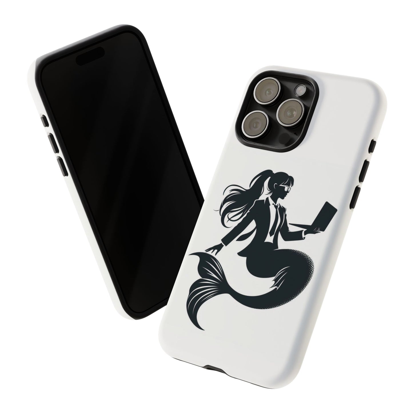 White iPhone Case with corporate mermaid logo which is a black and white design of a mermaid with a suit and glasses, hair in a ponytail and holding an open laptop. 