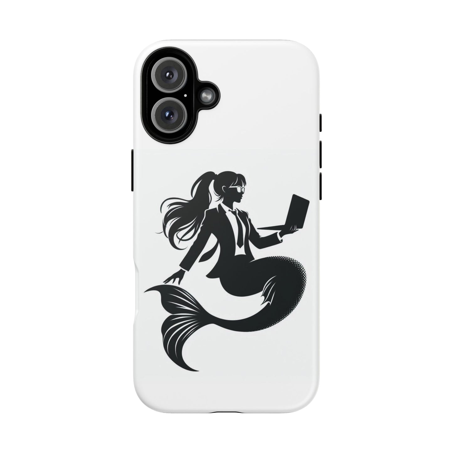 White iPhone Case with corporate mermaid logo which is a black and white design of a mermaid with a suit and glasses, hair in a ponytail and holding an open laptop. 