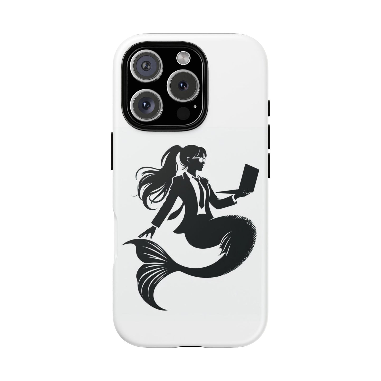 White iPhone Case with corporate mermaid logo which is a black and white design of a mermaid with a suit and glasses, hair in a ponytail and holding an open laptop. 