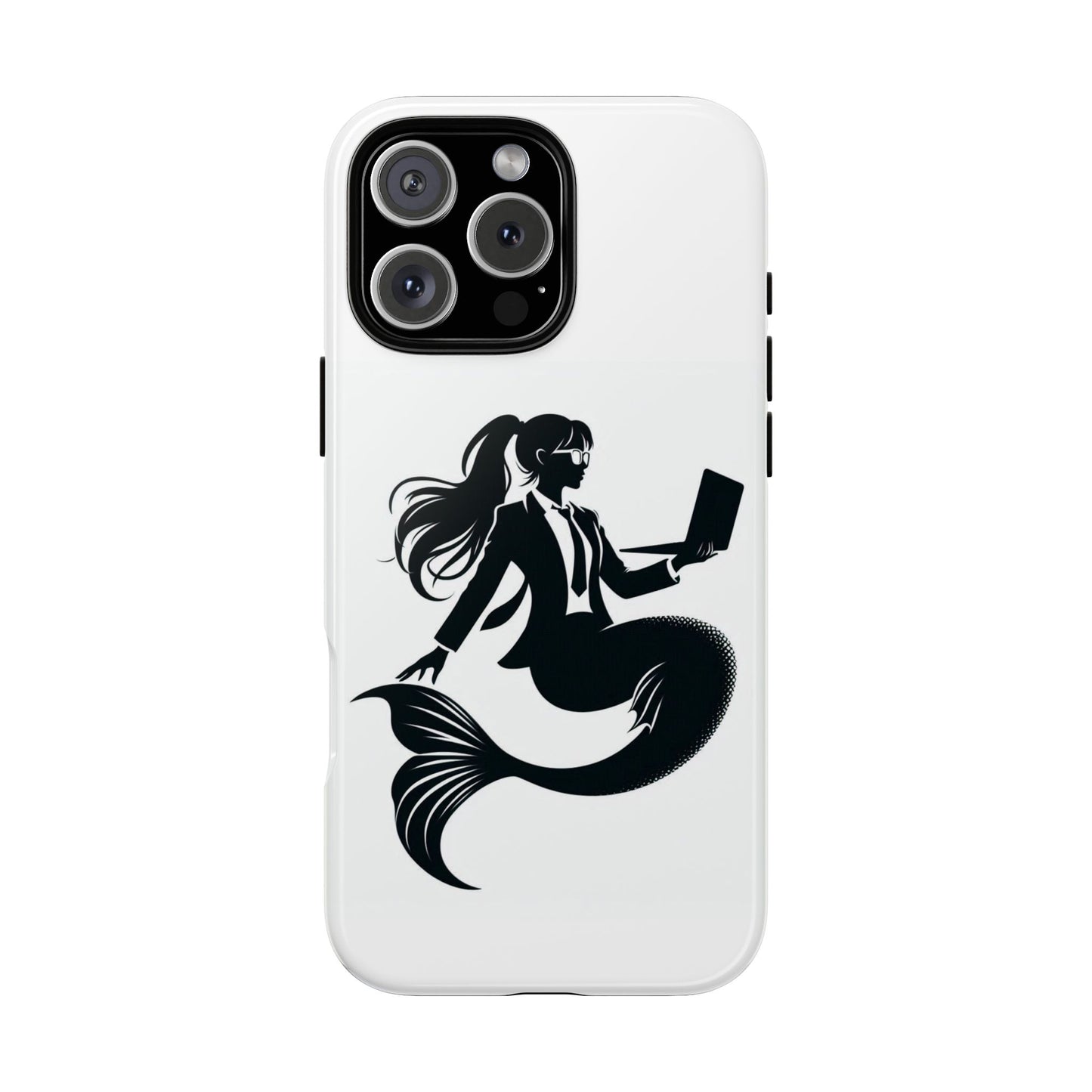 White iPhone Case with corporate mermaid logo which is a black and white design of a mermaid with a suit and glasses, hair in a ponytail and holding an open laptop. 