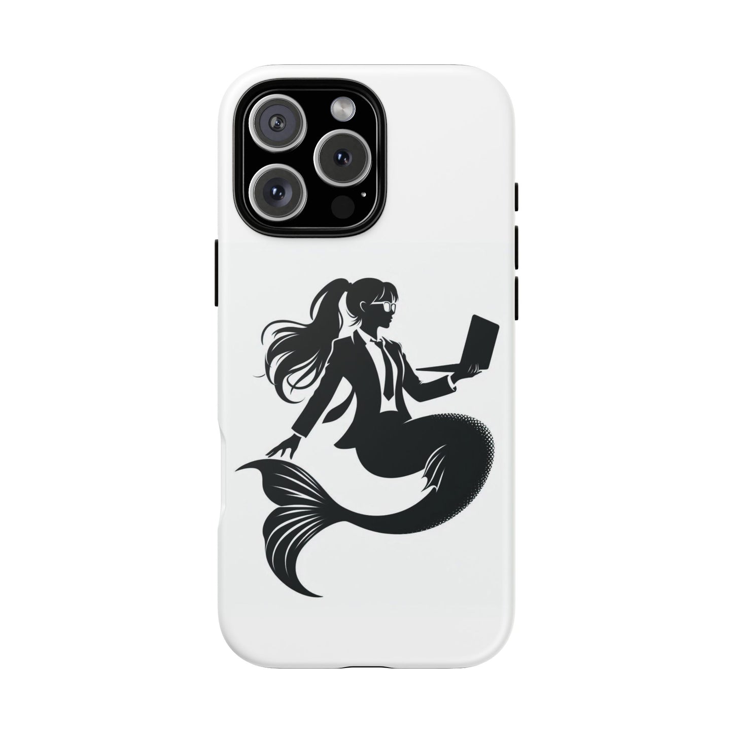 White iPhone Case with corporate mermaid logo which is a black and white design of a mermaid with a suit and glasses, hair in a ponytail and holding an open laptop. 