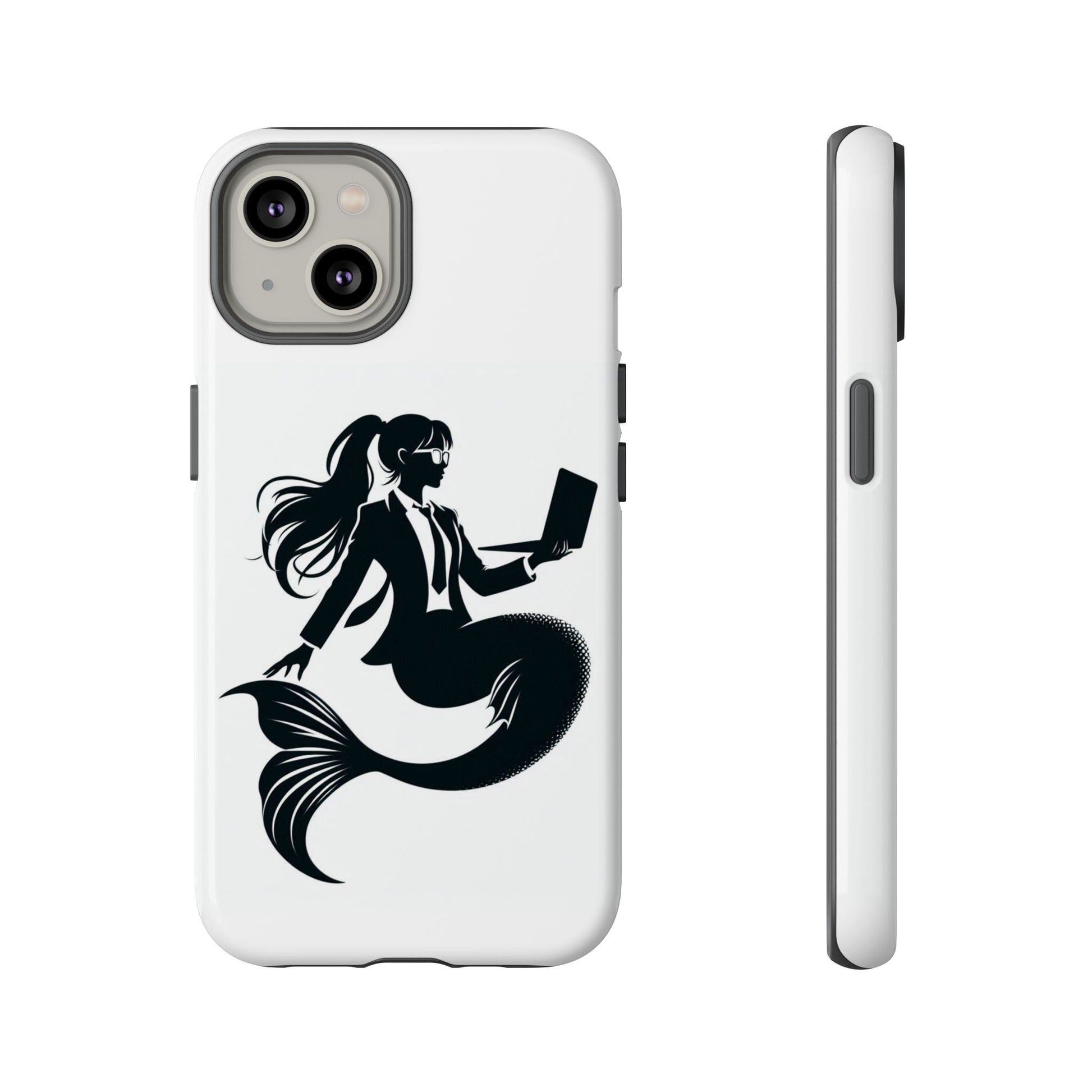 White iPhone Case with corporate mermaid logo which is a black and white design of a mermaid with a suit and glasses, hair in a ponytail and holding an open laptop. 