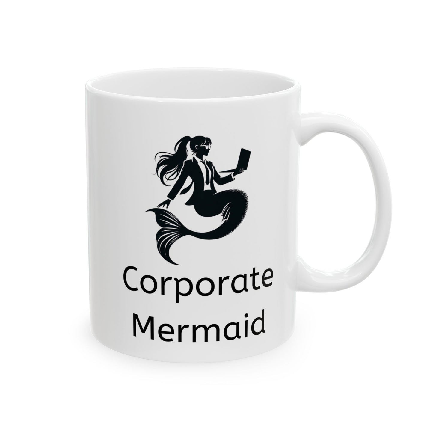 White ceramic Corporate Mermaid coffee mug with Logo which is a mermaid in a suit wearing glasses and a ponytail holding a laptop. Office Humor Coffee Mug 