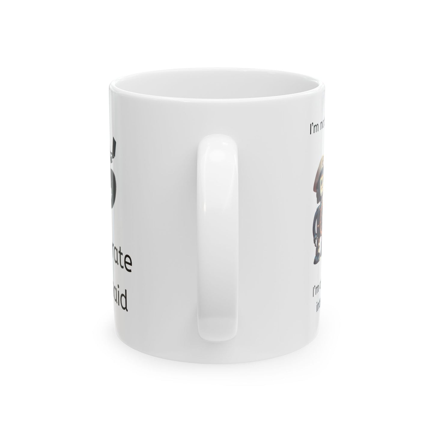 White ceramic coffee mug with "i'm not just smart" nd a robot sea captain looking through a telescope, wearing an anchor and sailor cap and then "I'm artificially intelligent" printed below - handle of mug