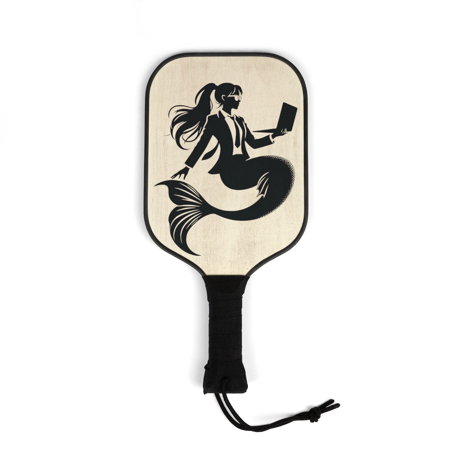 Natural wood pickle ball paddle with a corporate mermaid design which is black and white mermaid design with a mermaid wearing a suit, wearing glasses and hair in ponytail holding an open laptop