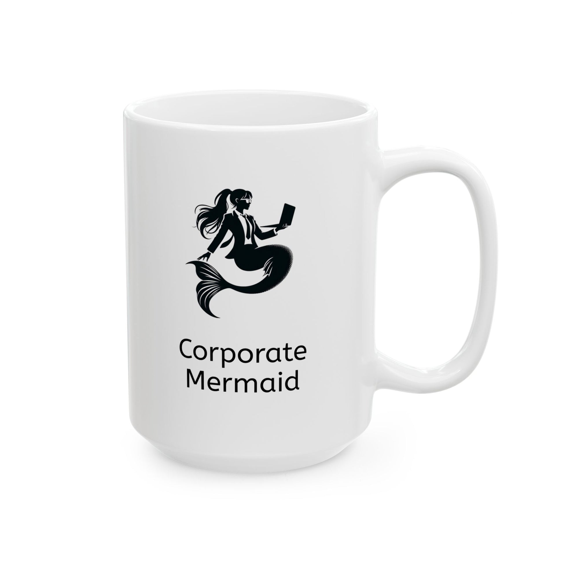 White ceramic mug with black and white corporate mermaid logo with the wordmark underneath. Corporate mermaid is wearing a suit,  glasses, ponytail and holding an open laptop