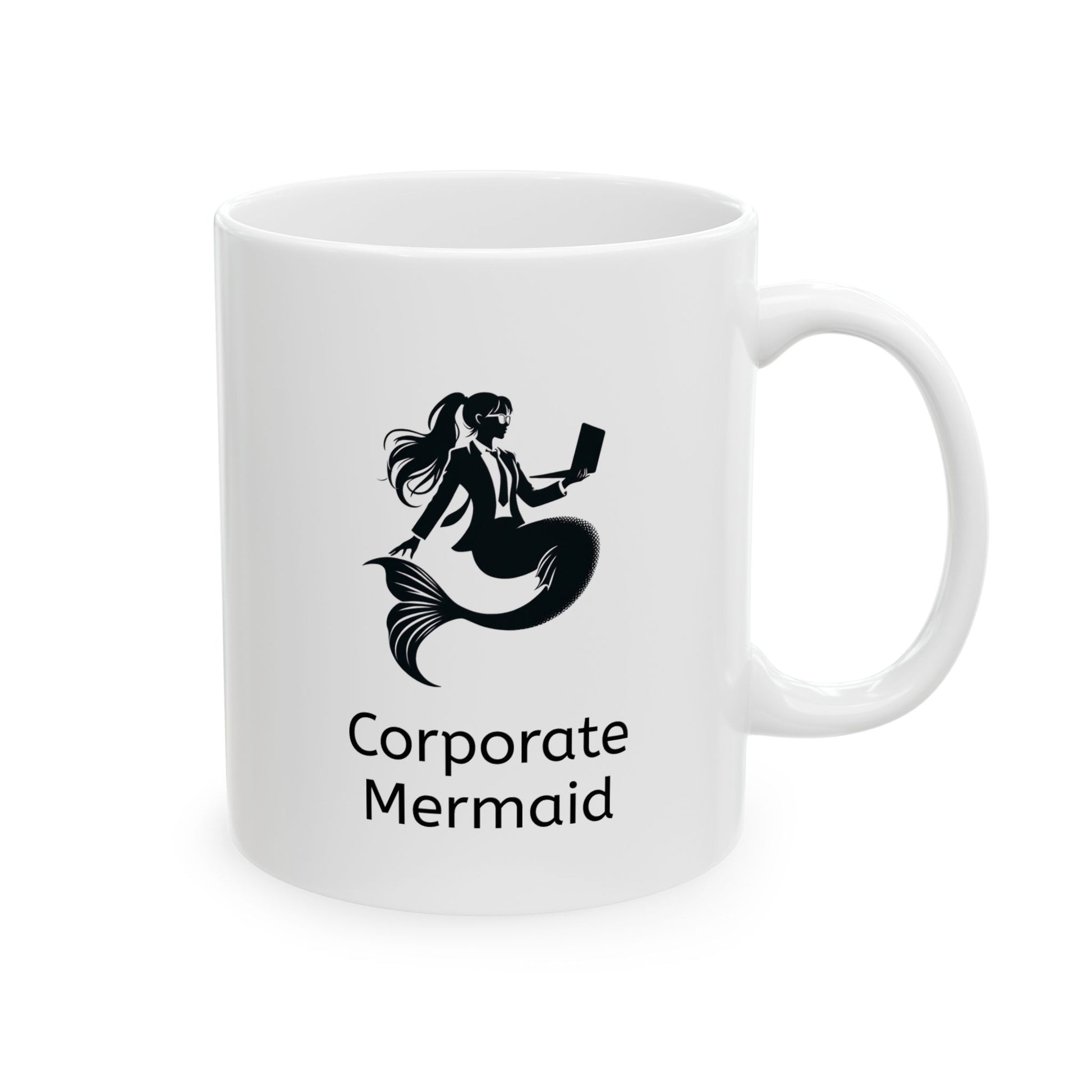 White ceramic mug with black and white corporate mermaid wearing glasses, ponytail and suit holding an open laptop