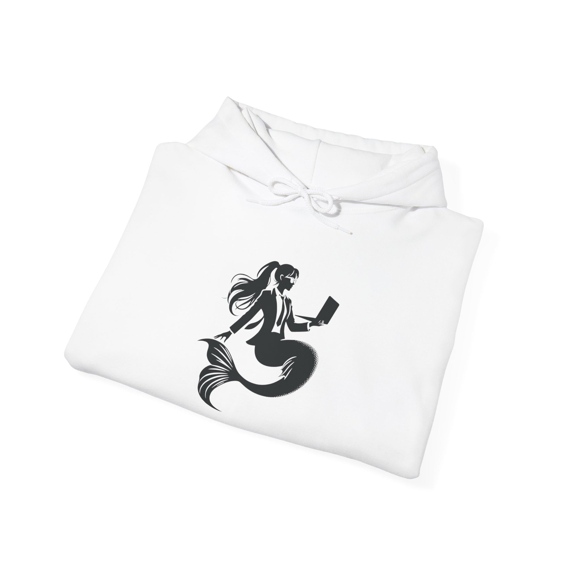 Folded white hoodie with black and white corporate mermaid logo, which is a mermaid wearing glasses, a suit, and hair in a ponytail holding an open laptop