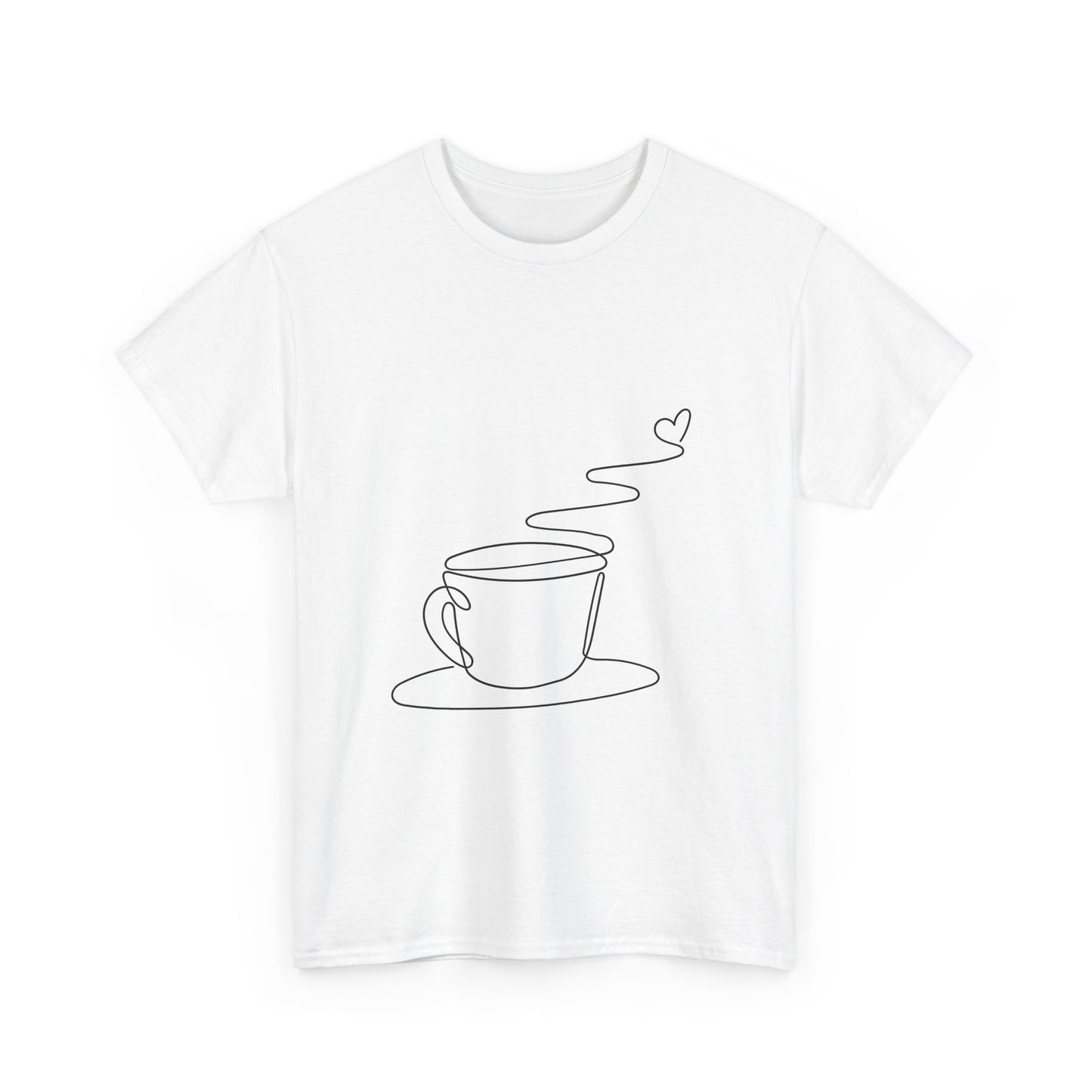 White t-shirt with line drawing of coffee cup with squiggly line coming off like heat, ending with a heart