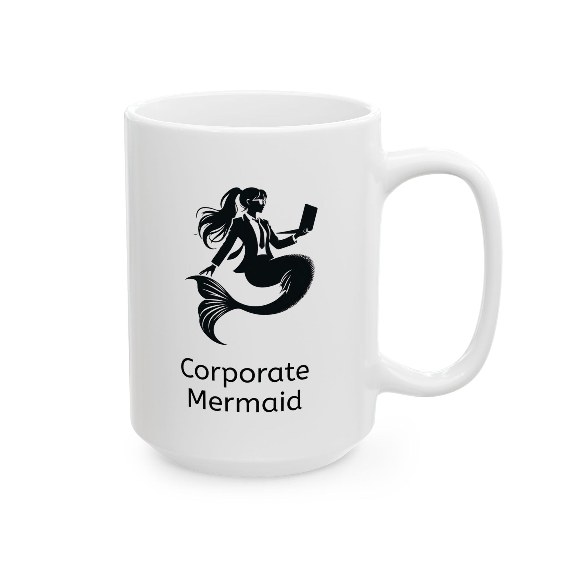 White ceramic mug with black and white design of a corporate mermaid, which is detailed as a mermaid wearing a suit, wearing glasses and hair in a pony tail while holding an open laptop. Below the image are the words, "Corporate Mermaid."