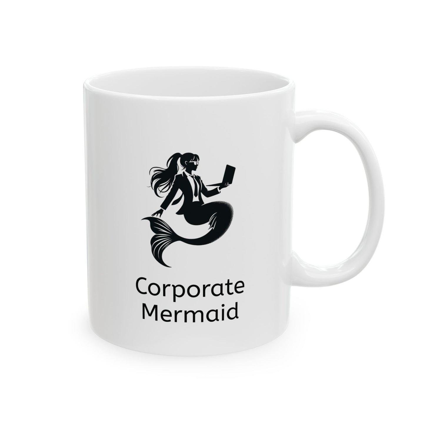 White ceramic coffee mug with black and white corporate mermaid design which is a mermaid with an open laptop wearing a suit, glasses and hair in a ponytail and the wordmark "Corporate Mermaid" below the image