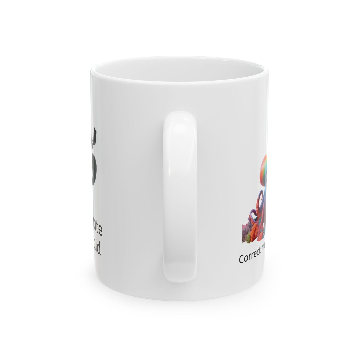 Handle side of white ceramic mug