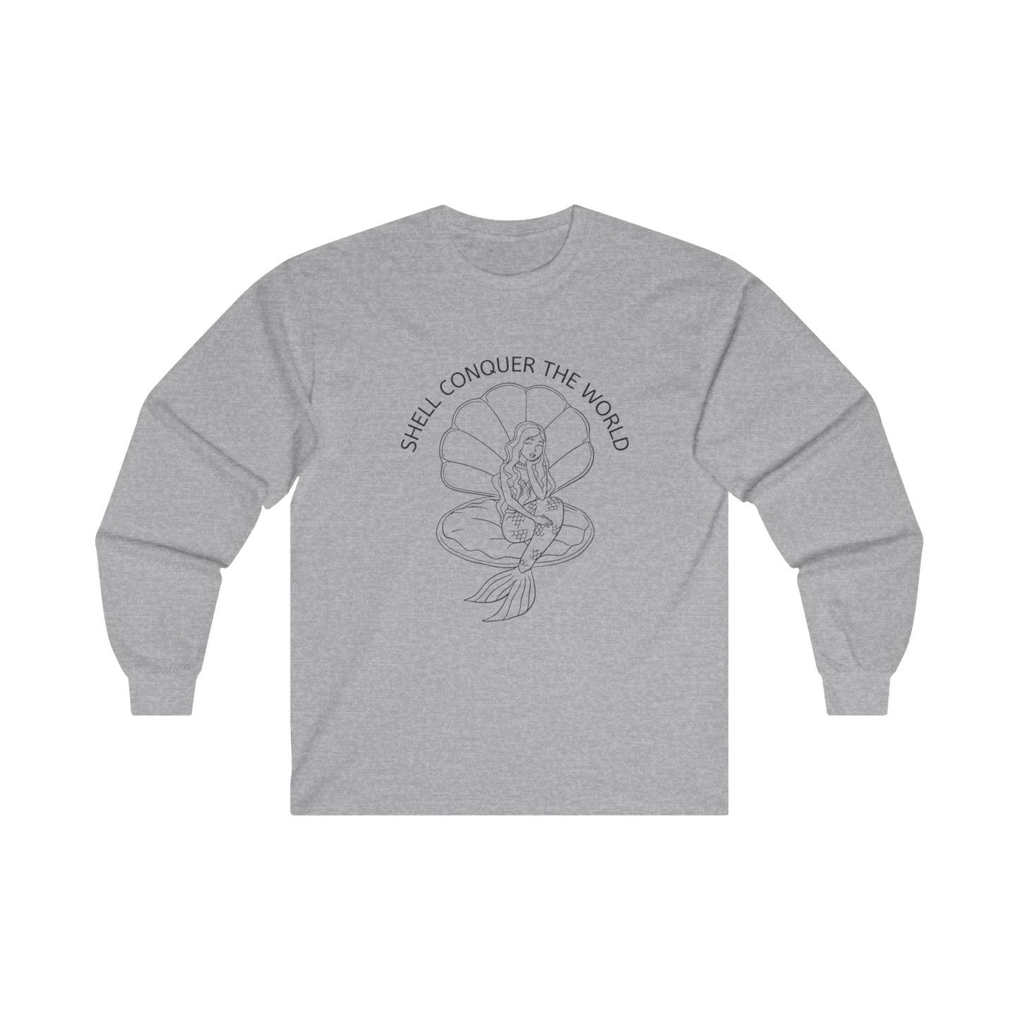 Dark gray long sleeve tee with a mermaid sitting in a seashell with words "Shell conquer the world" in an arc above