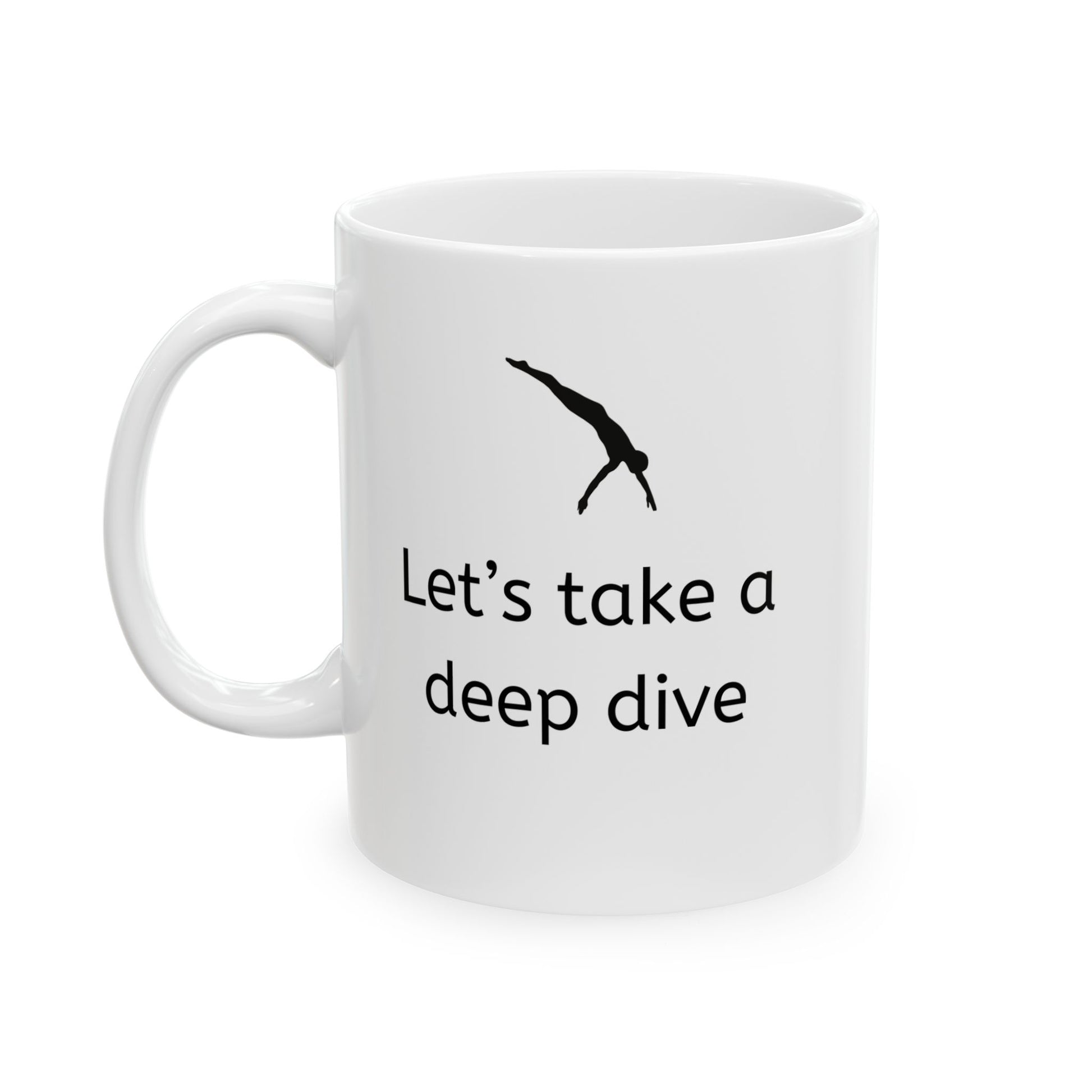 White ceramic corporate jargon coffee mug with a silhouette of diver and "let's take a deep dive" printed below