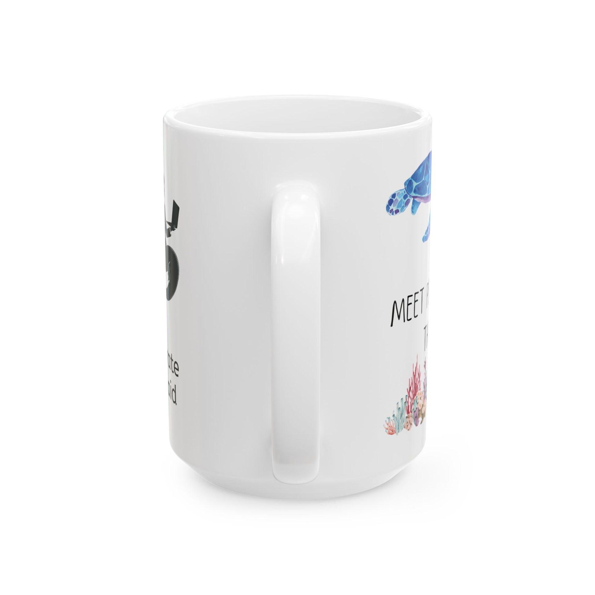 Handle side of white ceramic coffee mug