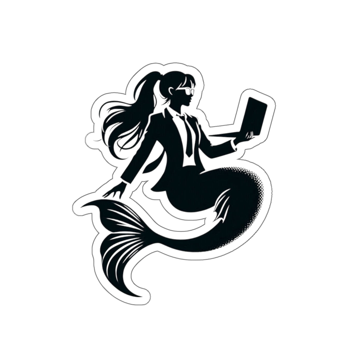 Corporate Mermaid Kiss-cut sticker
The corporate mermaid logo is a black and white design of a mermaid in a suit, wearing glasses, with hair in a ponytail, holding an open laptop