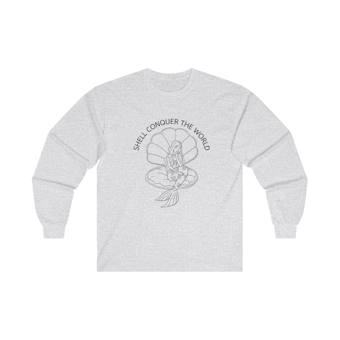 Light gray  long sleeve tee with a mermaid sitting in a seashell with words "Shell conquer the world" in an arc above