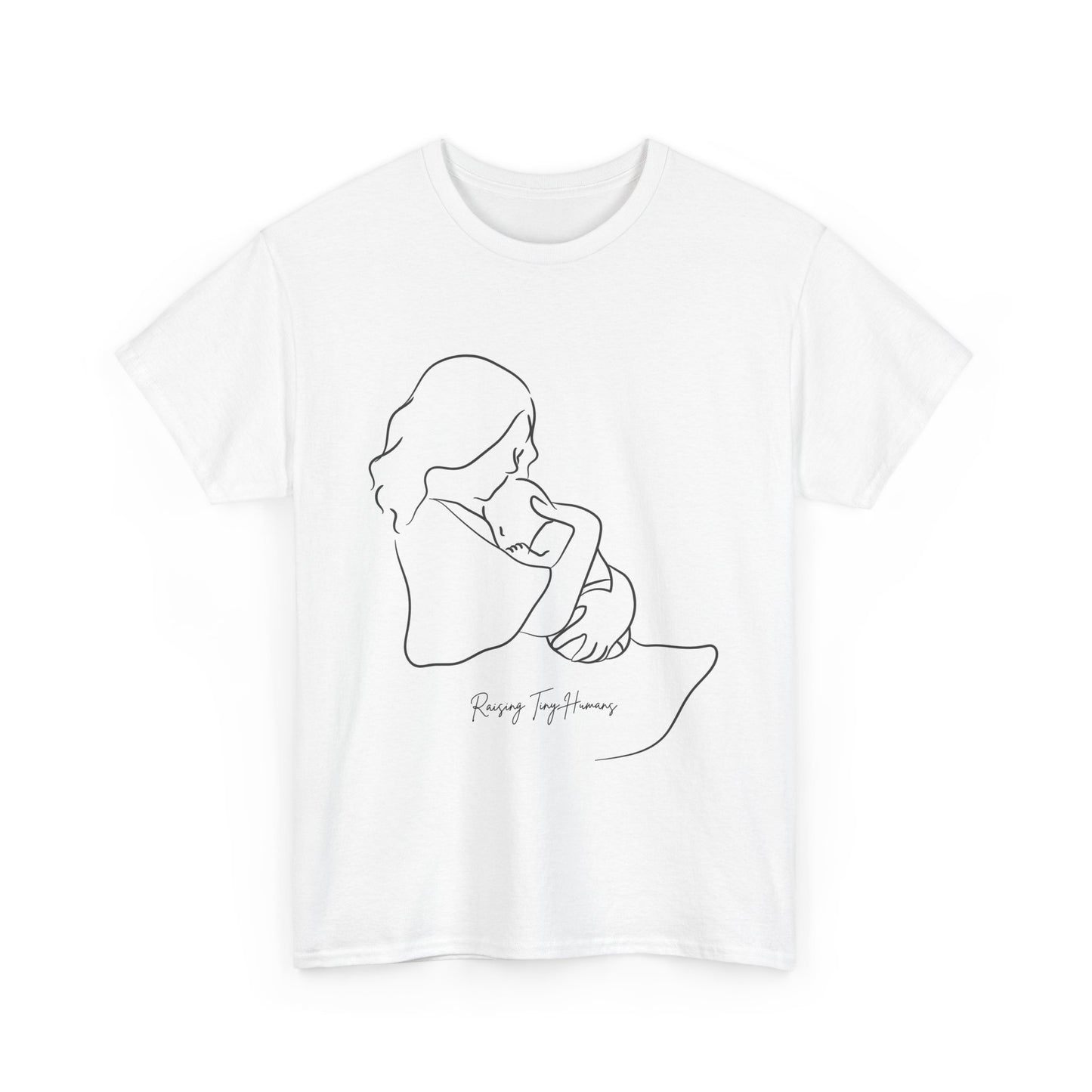 White t-shirt with line drawing of a mom holding a baby close, with the words "Raising Tiny Humans" in handwriting