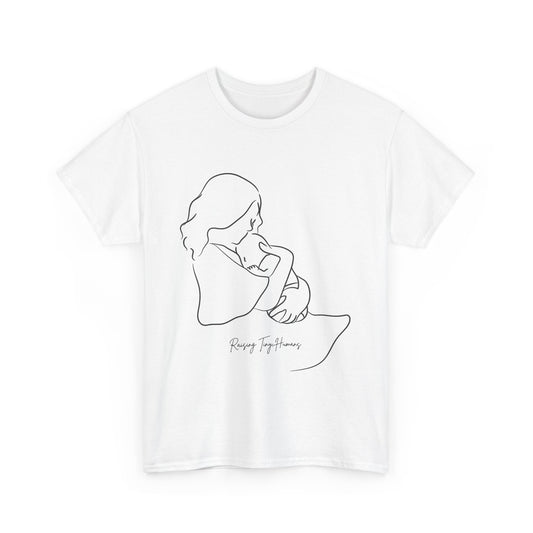 White t-shirt with line drawing of a mom holding a baby close, with the words "Raising Tiny Humans" in handwriting