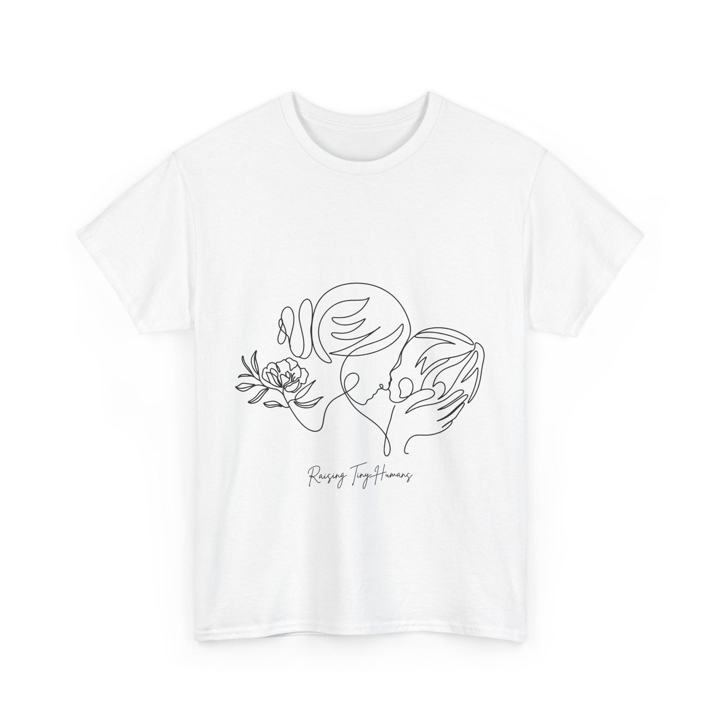 White t-shirt with line drawing of a mom holding a toddler close, with the words "Raising Tiny Humans" in handwriting