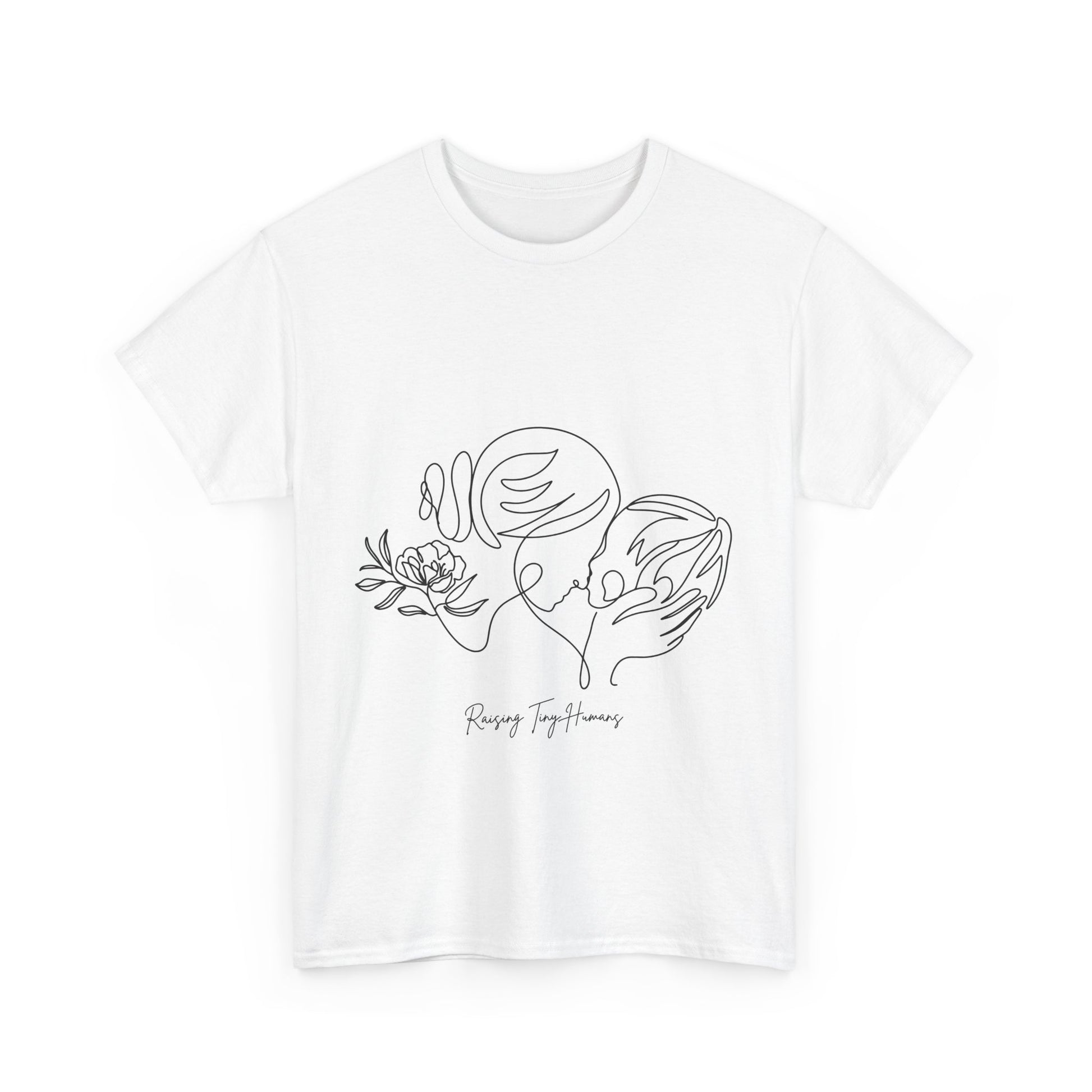 White t-shirt with line drawing of a mom holding a toddler close, with the words "Raising Tiny Humans" in handwriting