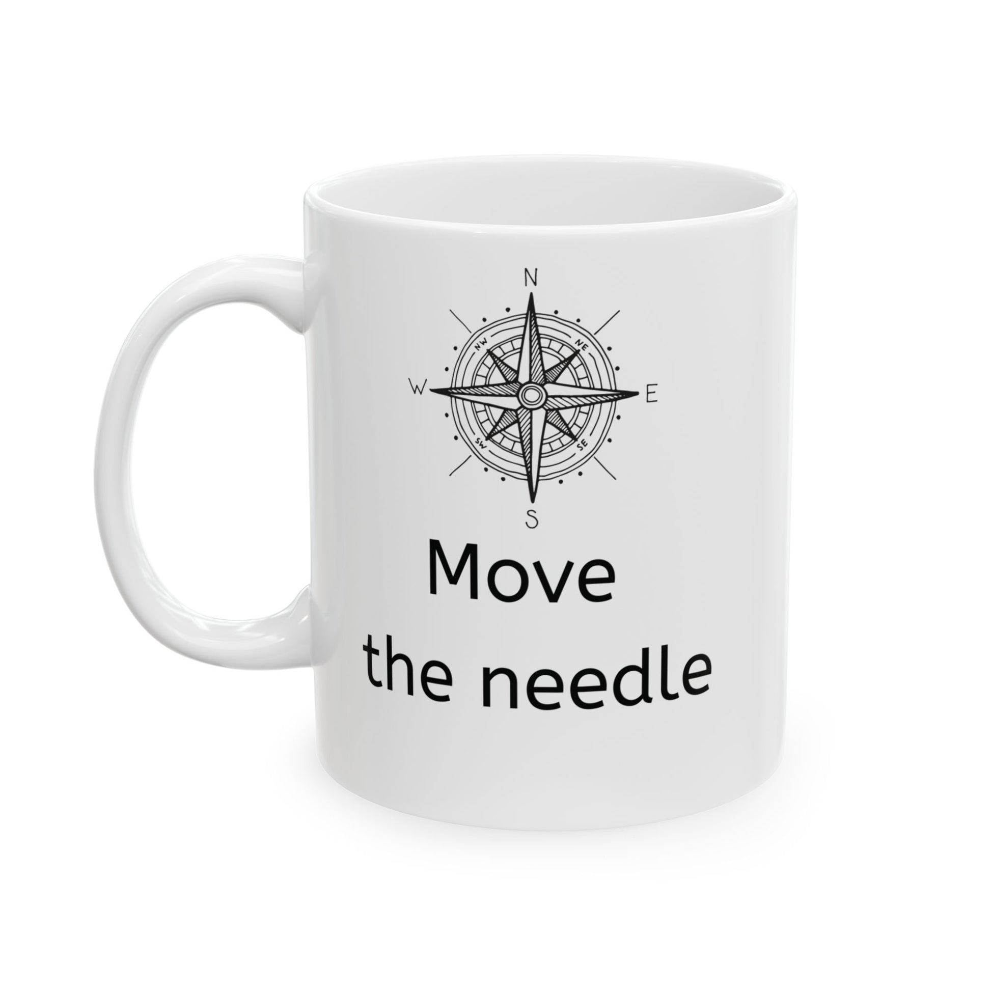 White ceramic corporate jargon coffee mug with a nautical compass and "Move the needle" printed below