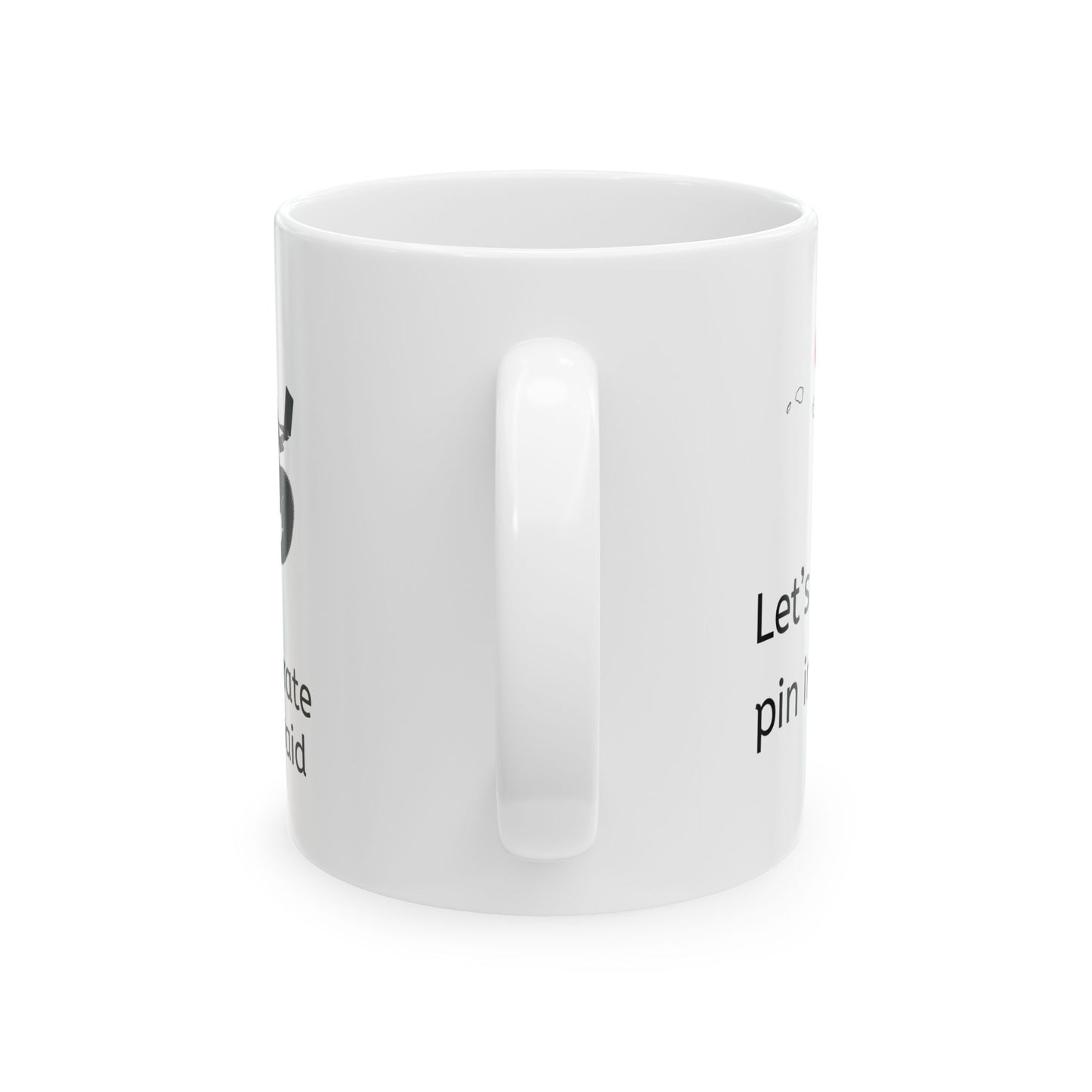 White ceramic corporate jargon coffee mug handle side