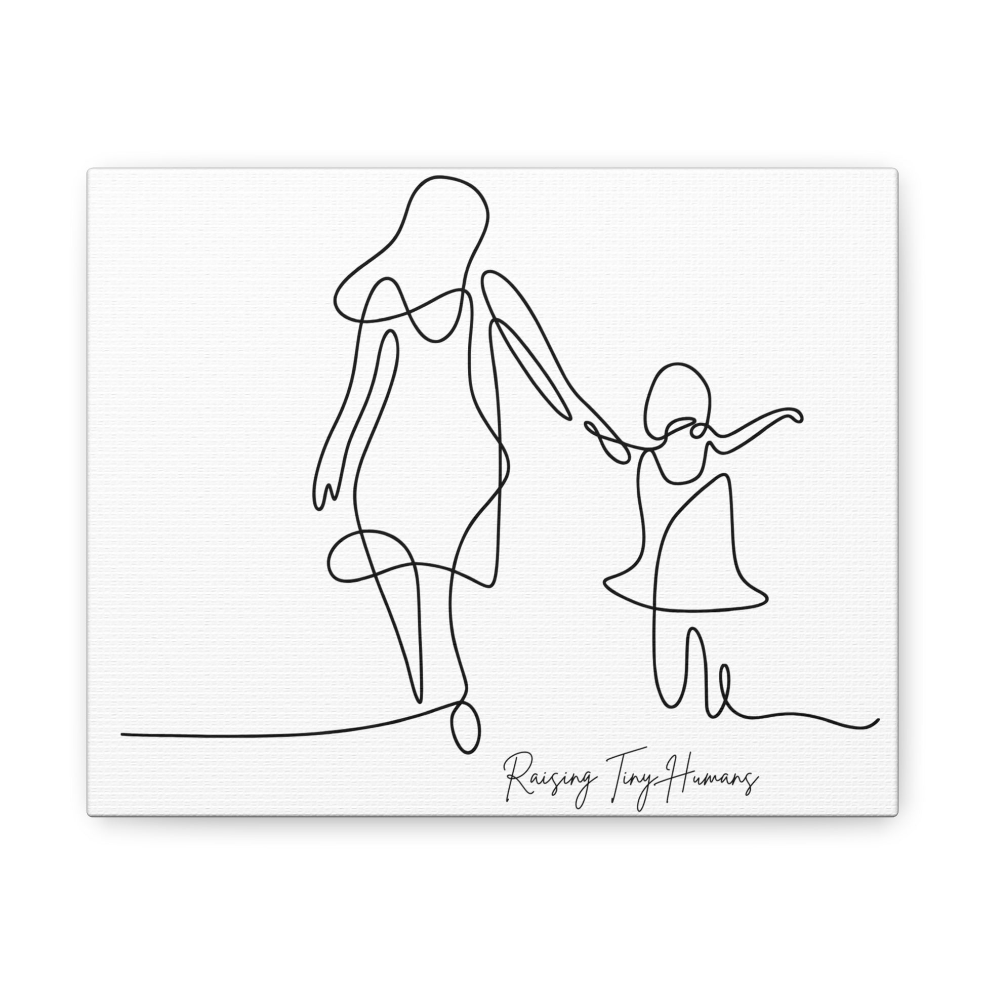 Raising Tiny Humans line drawing canvas wall decor featuring a mom and daughter holding hands.