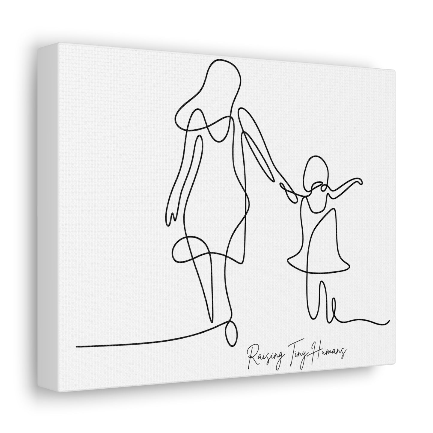 Raising Tiny Humans line drawing canvas wall decor featuring a mom and daughter holding hands.