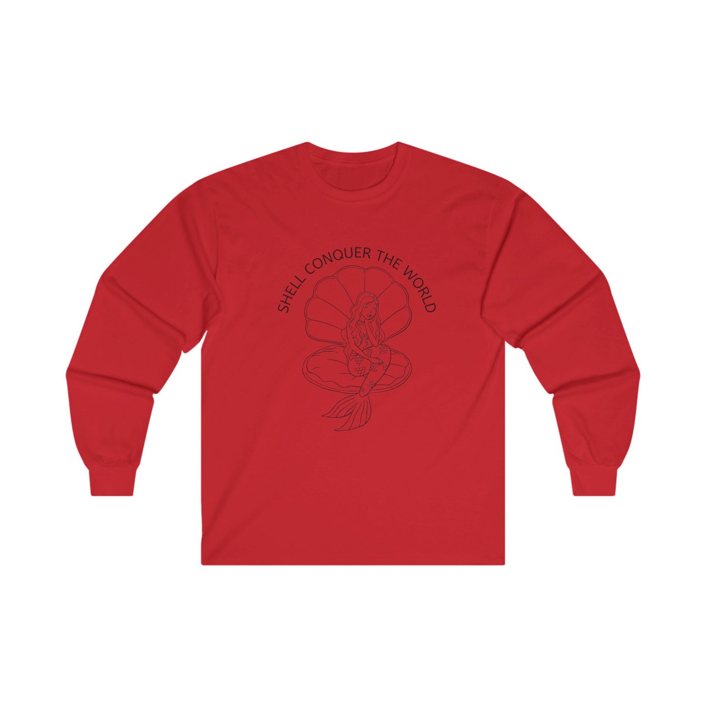 Red long sleeve tee with a mermaid sitting in a seashell with words "Shell conquer the world" in an arc above