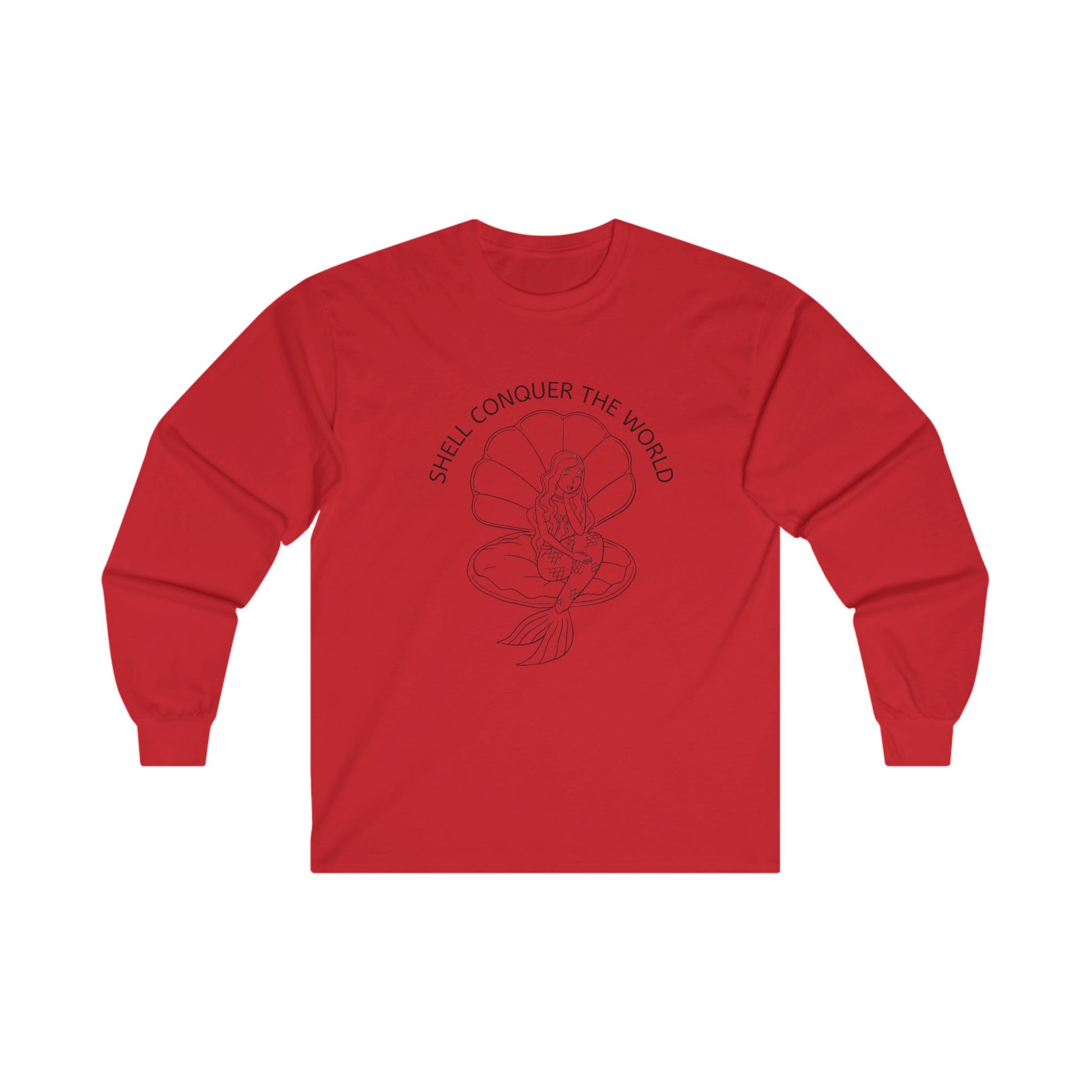 Red long sleeve tee with a mermaid sitting in a seashell with words "Shell conquer the world" in an arc above