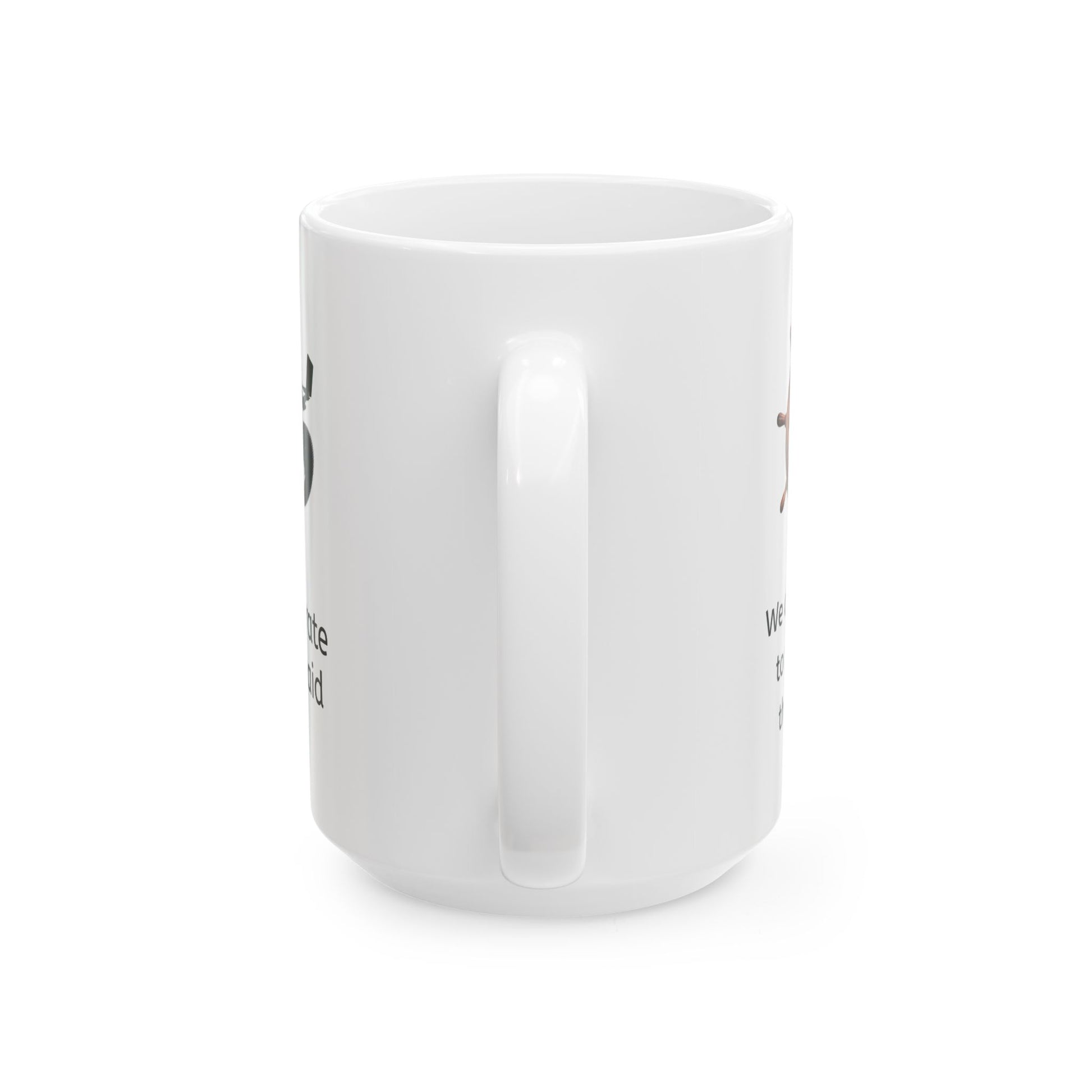 White ceramic corporate jargon coffee mug handle side